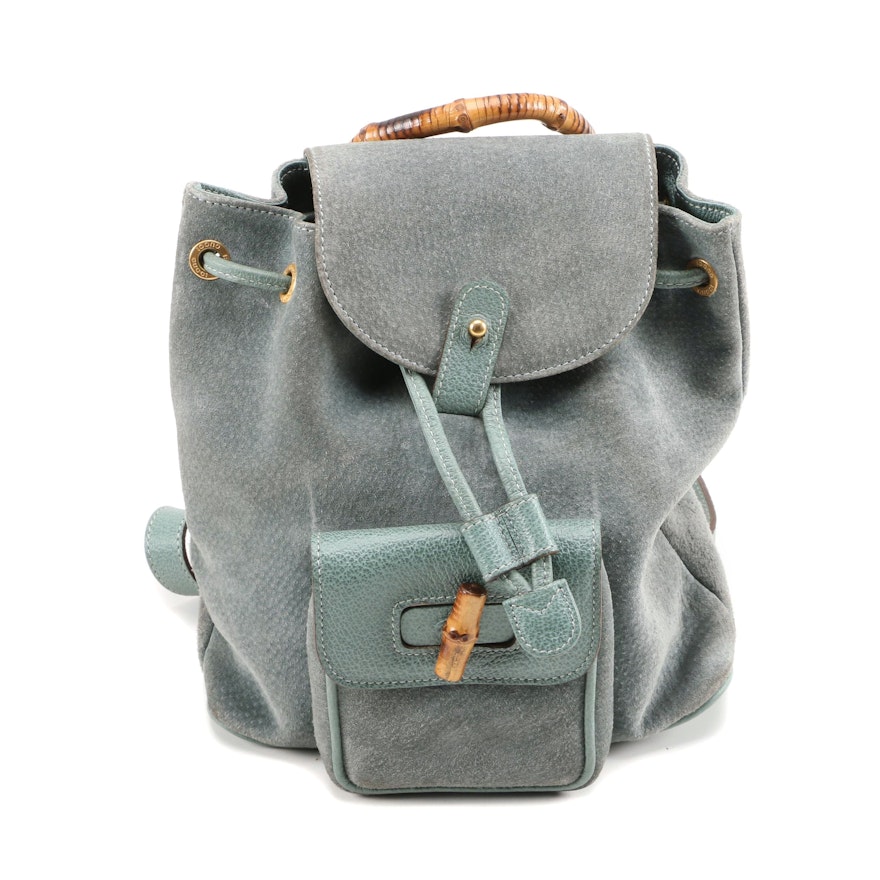 Gucci Mini Bamboo Backpack in Blue-Green Suede and Leather, Vintage
