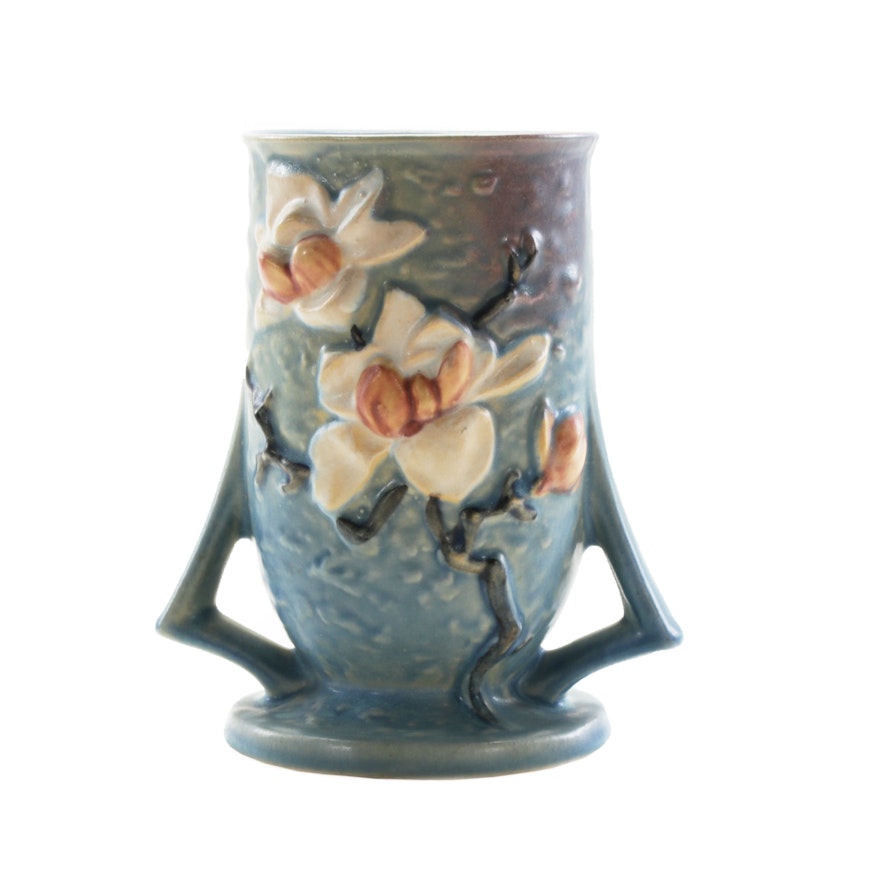 Roseville Pottery Blue "Magnolia" Two-Handled Vase, 1940s