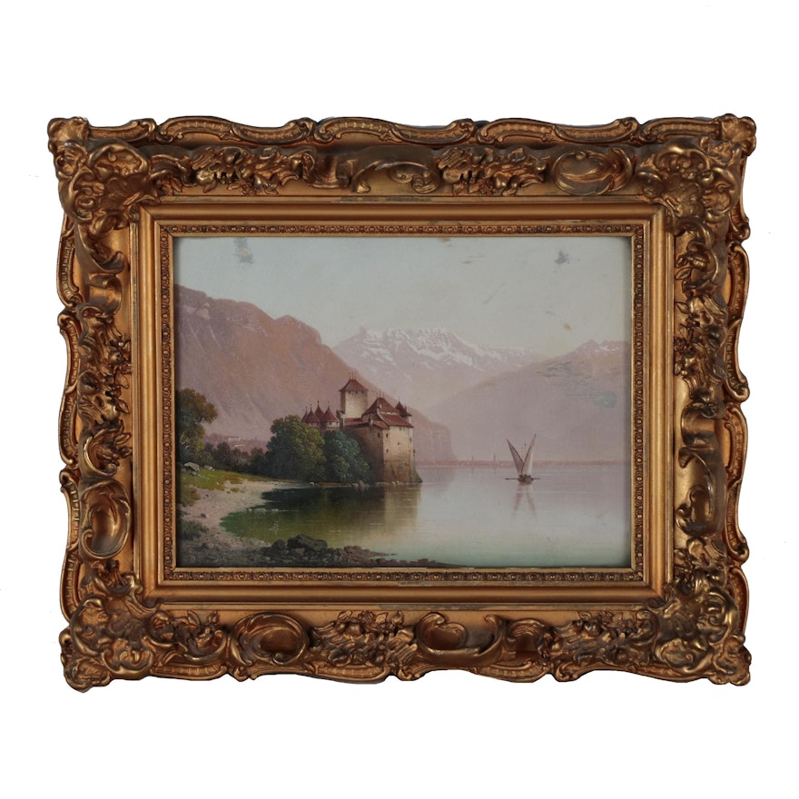 Oil Painting of Château de Chillon, Early 20th Century