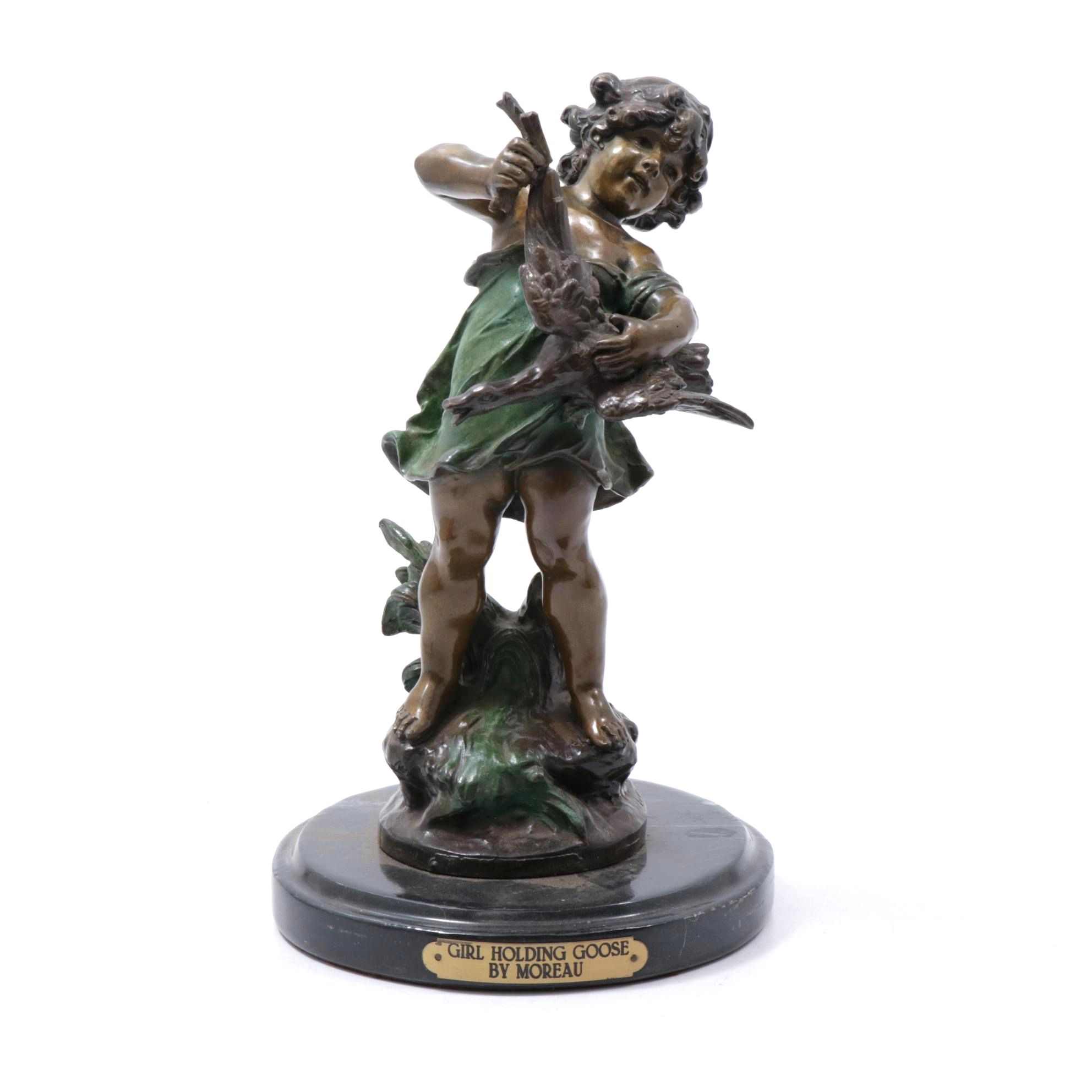 Bronze Sculpture After Auguste Moreau "Girl Holding Goose", circa 1906