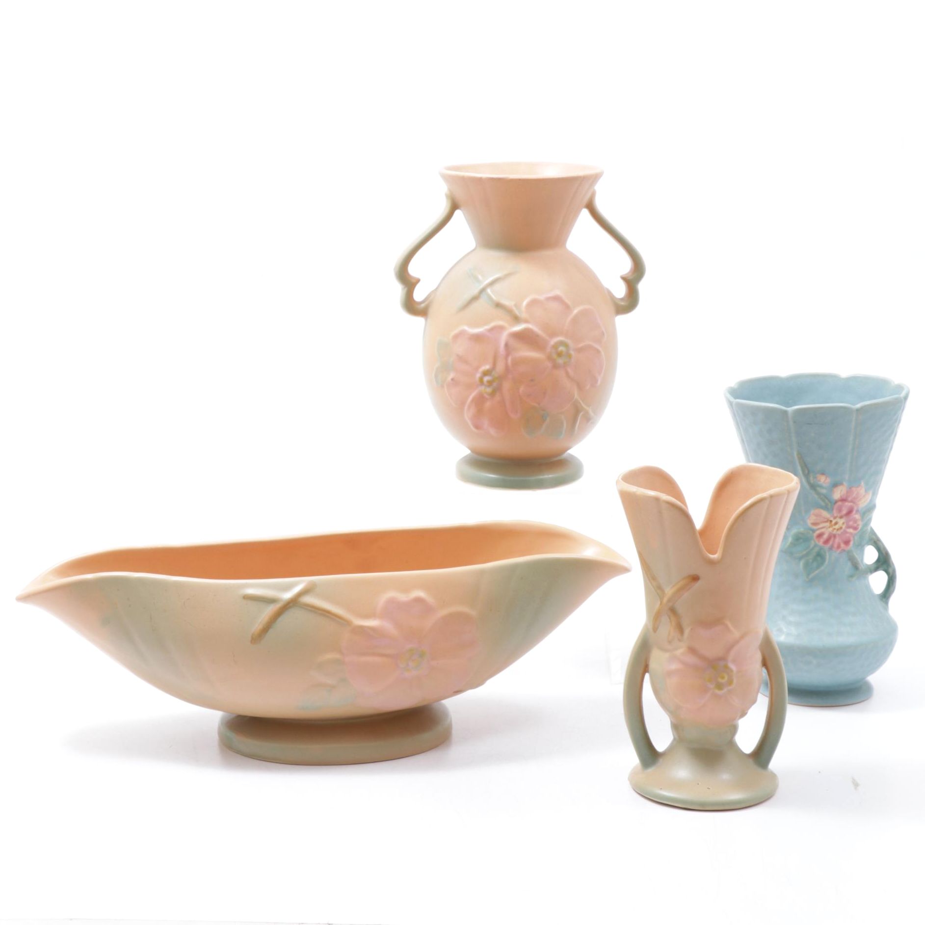 Weller Pottery Dogwood Bowl, Vase and Two Handle Vase with Green Vase