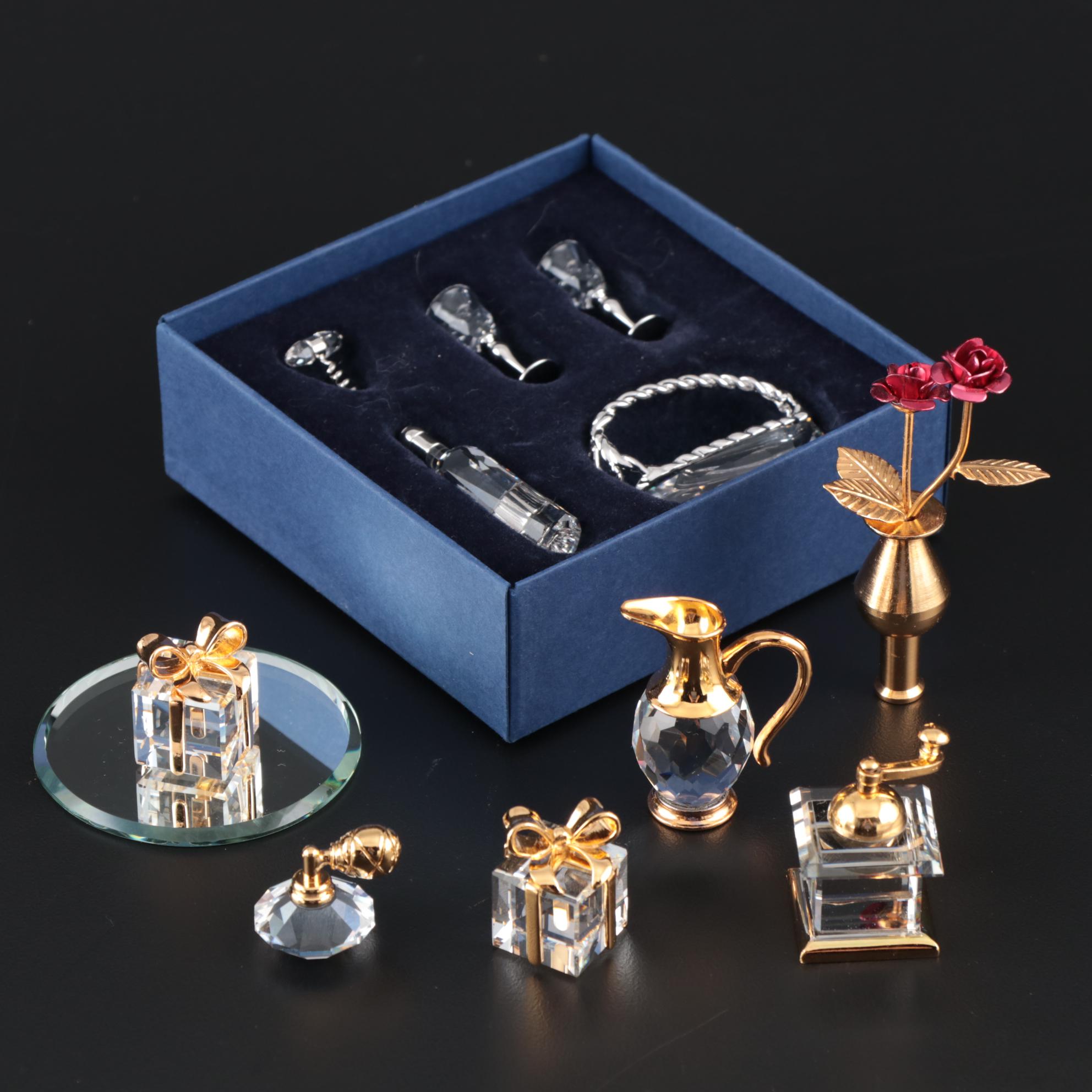 Swarovski Gift Boxes, Pitcher, Coffee Mill, and Perfume Bottle Crystal Figurines