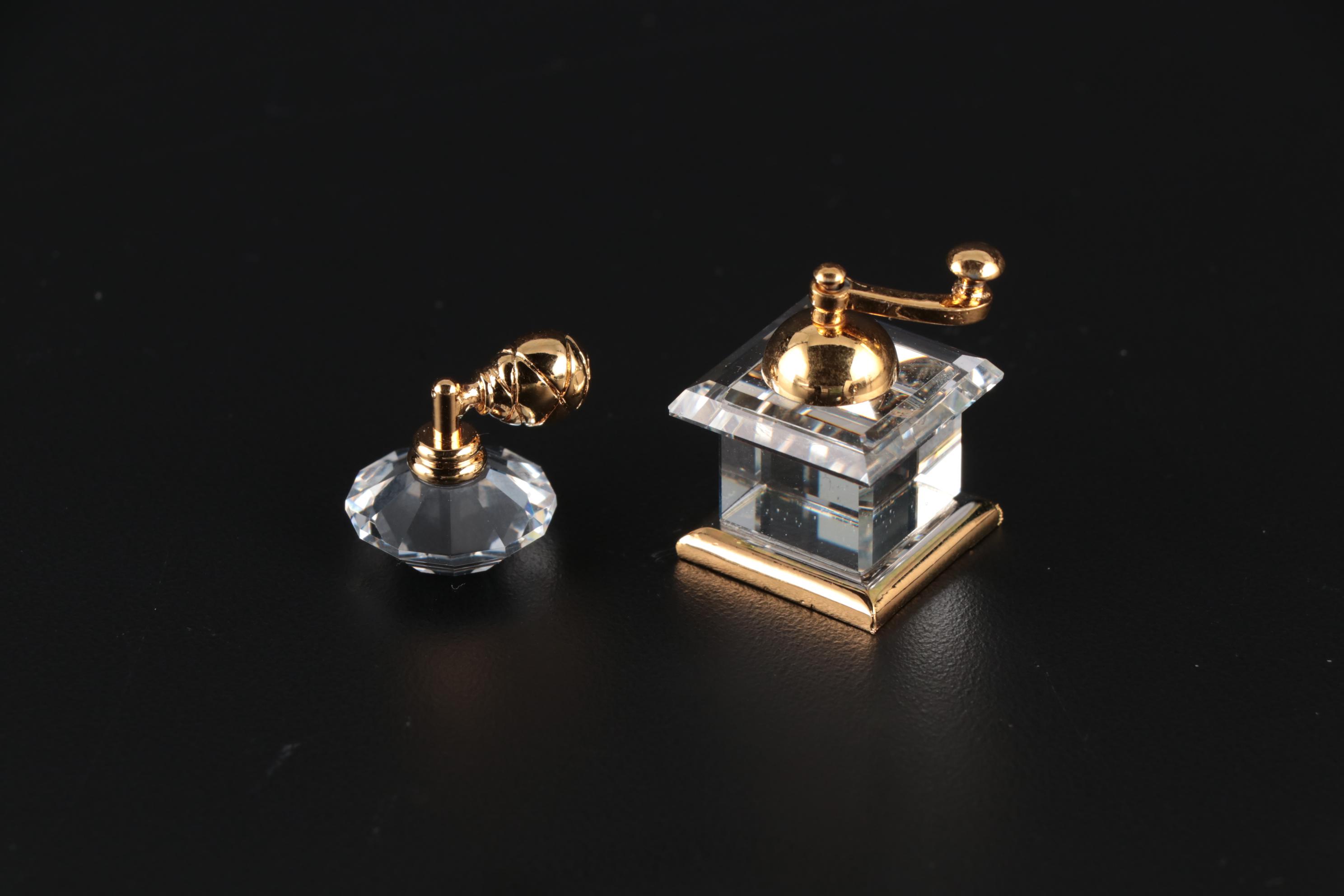 Swarovski Gift Boxes, Pitcher, Coffee Mill, and Perfume Bottle Crystal Figurines
