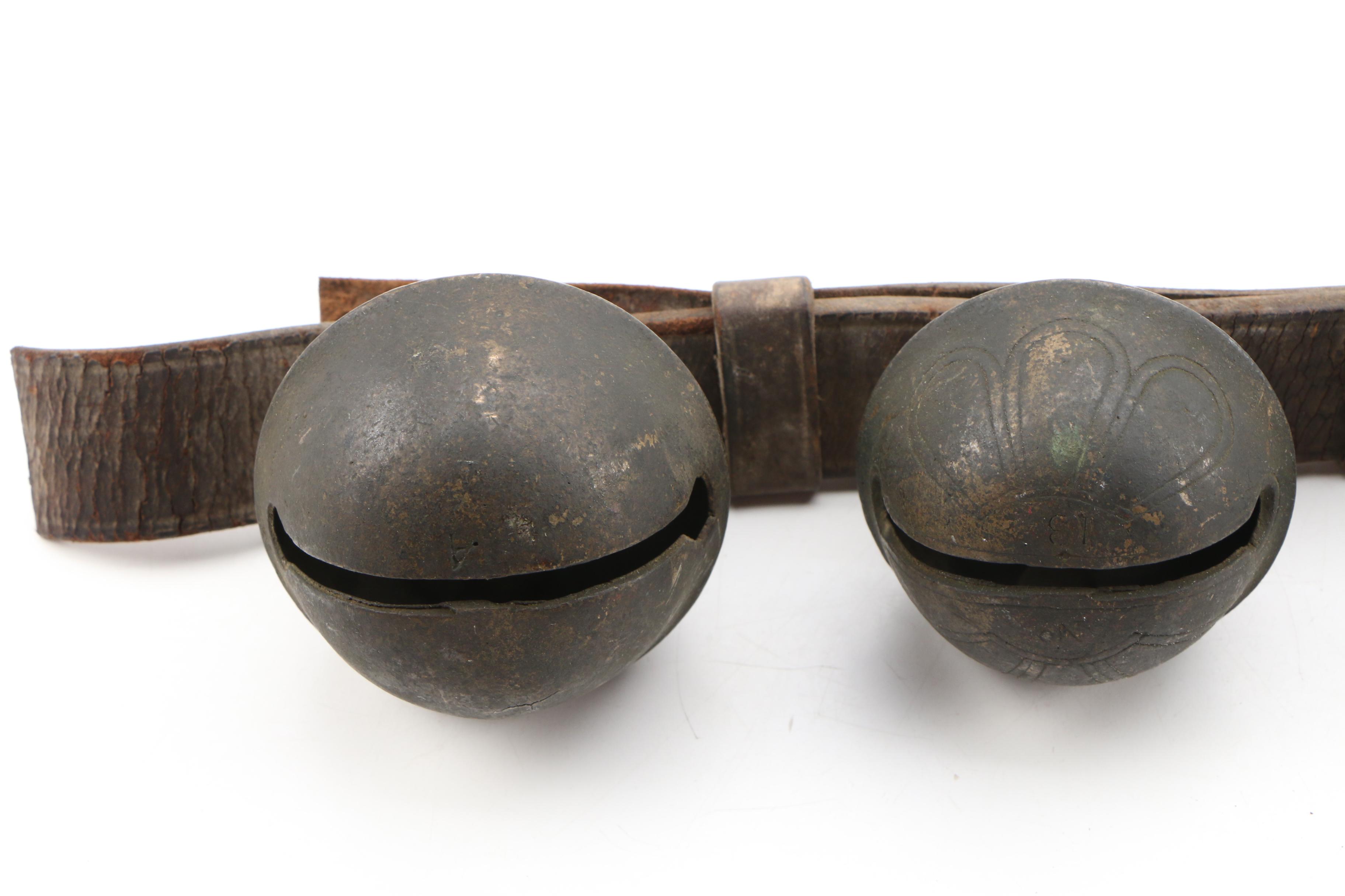 Graduated Brass Sleigh Bells on Leather Strap, Antique