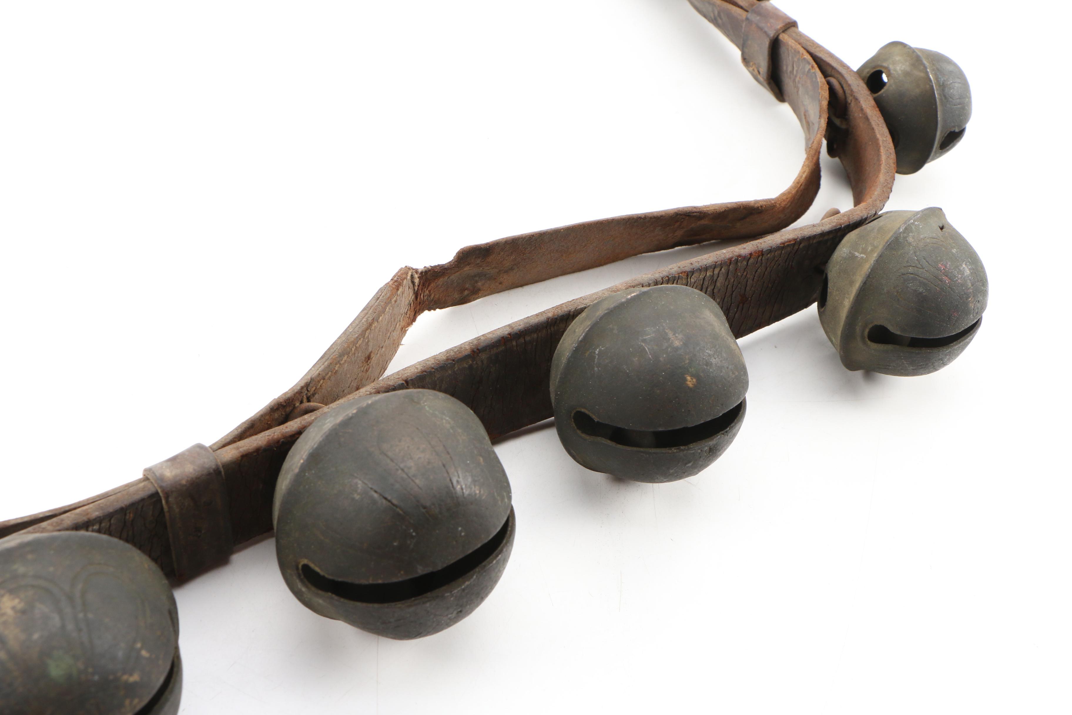 Graduated Brass Sleigh Bells on Leather Strap, Antique