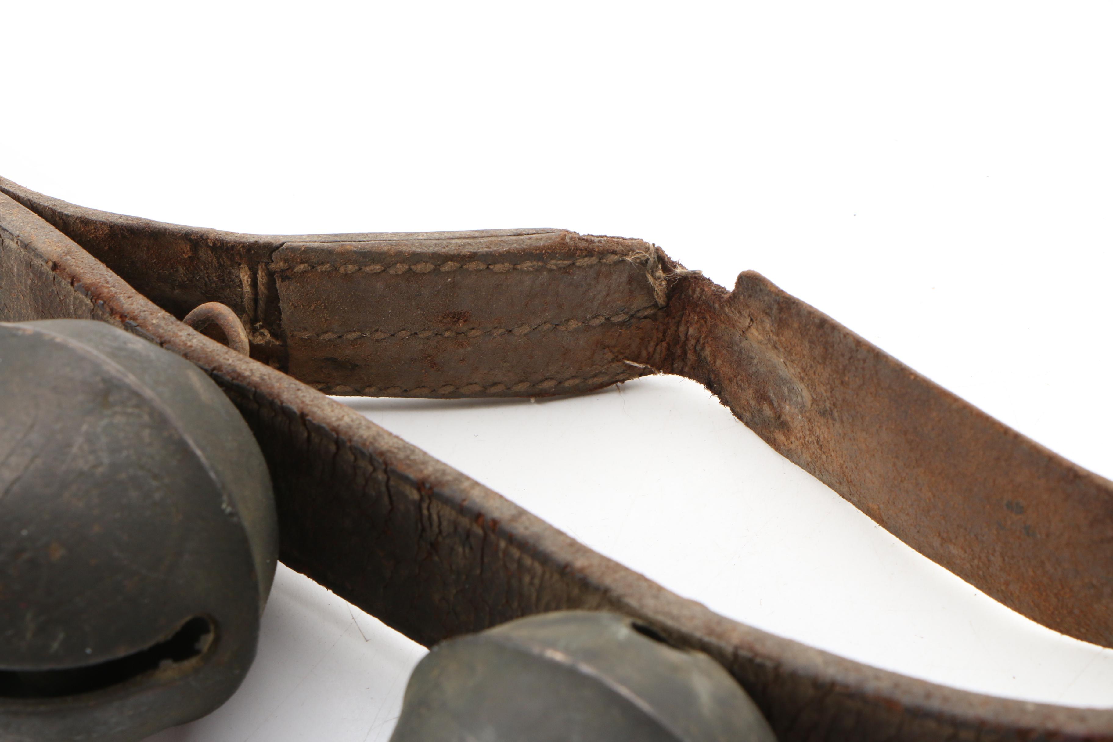 Graduated Brass Sleigh Bells on Leather Strap, Antique