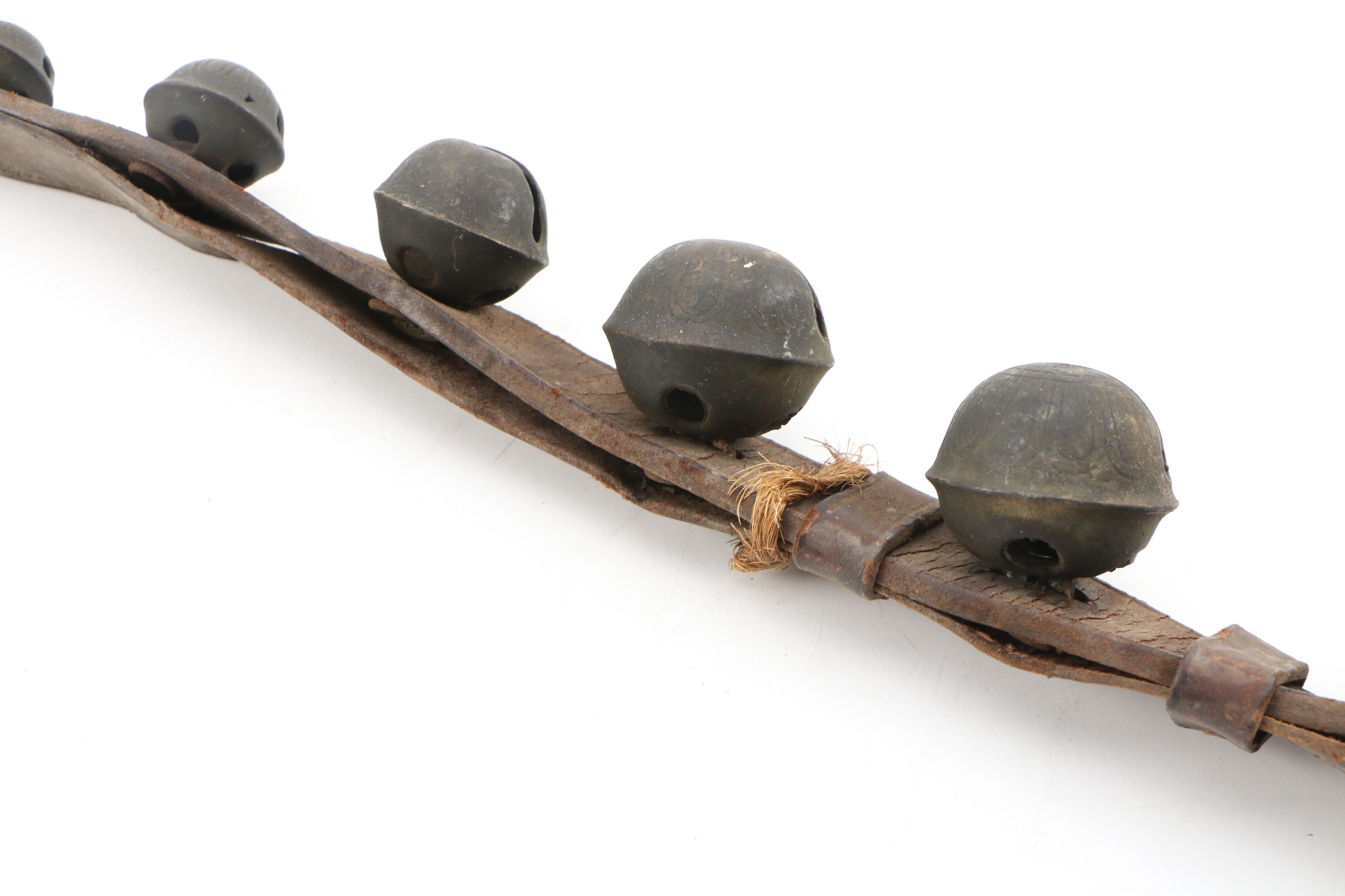 Graduated Brass Sleigh Bells on Leather Strap, Antique