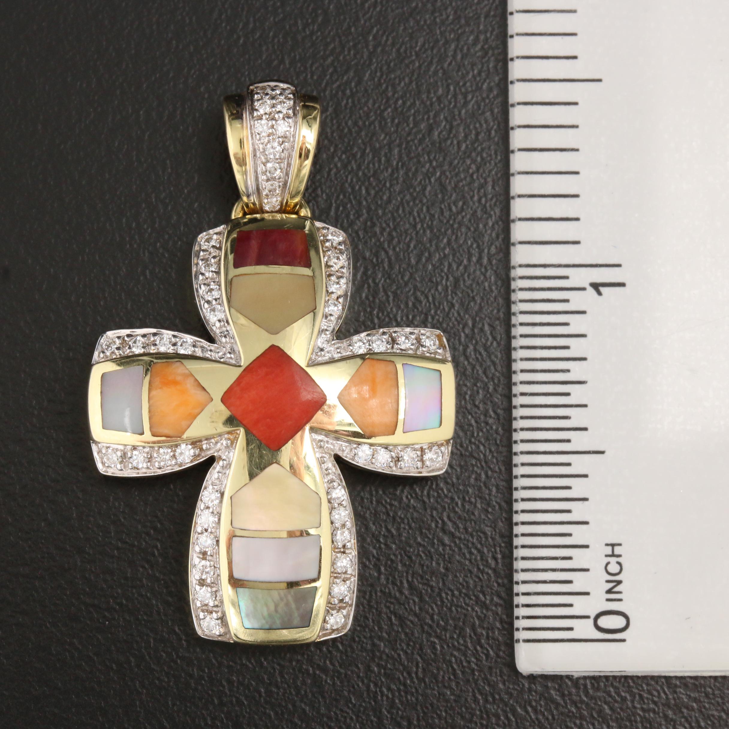 Asch Grossbardt 14K Gold Diamond, Spiny Oyster and Mother of Pearl Cross Pendant