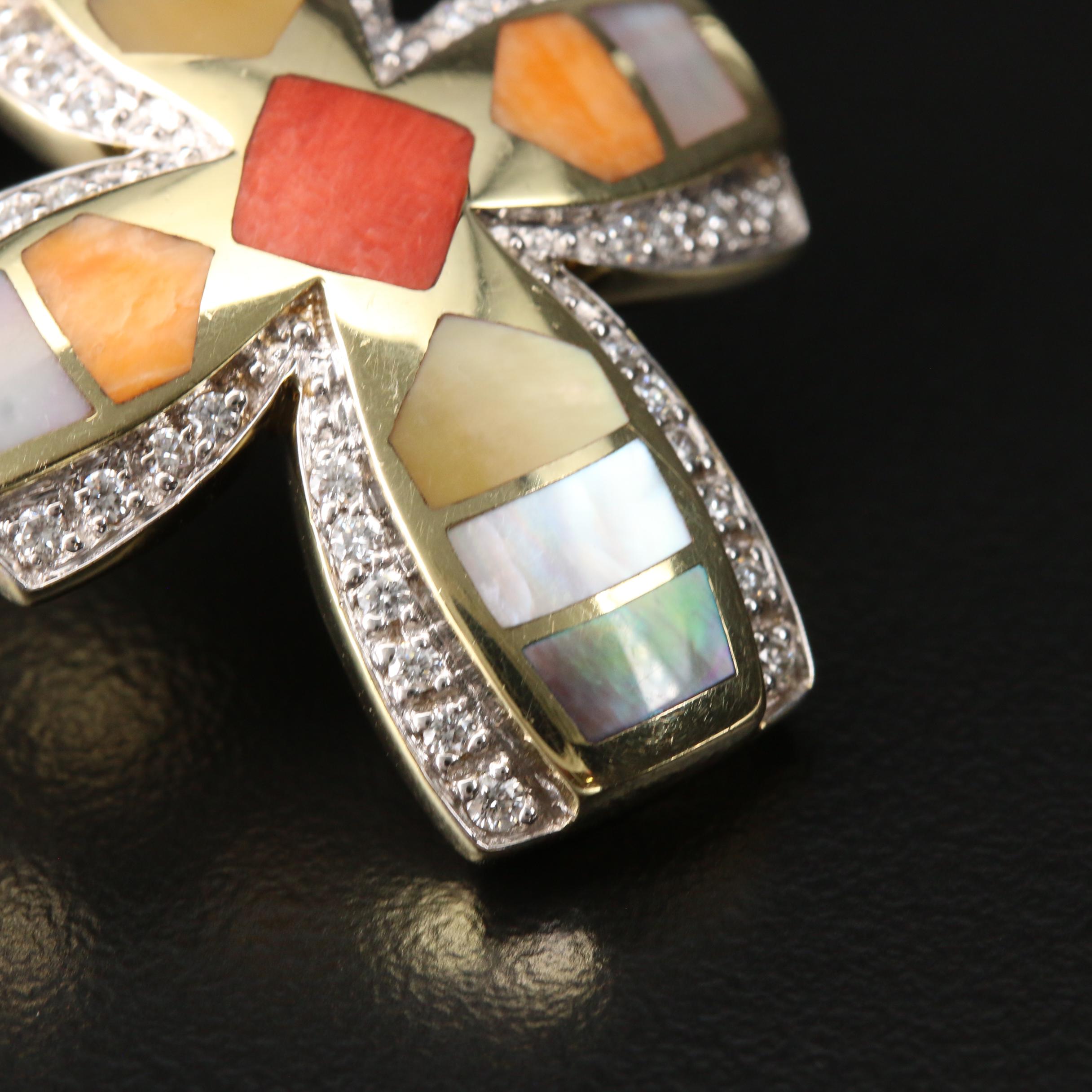 Asch Grossbardt 14K Gold Diamond, Spiny Oyster and Mother of Pearl Cross Pendant