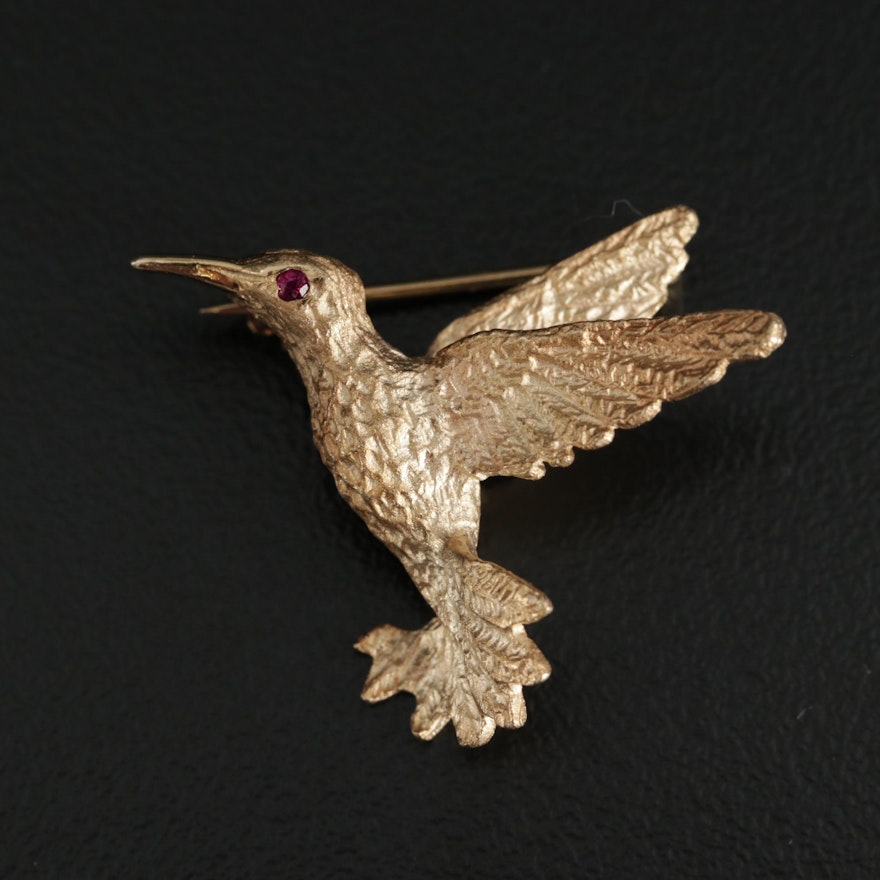 14K Yellow Gold Ruby Hummingbird Brooch