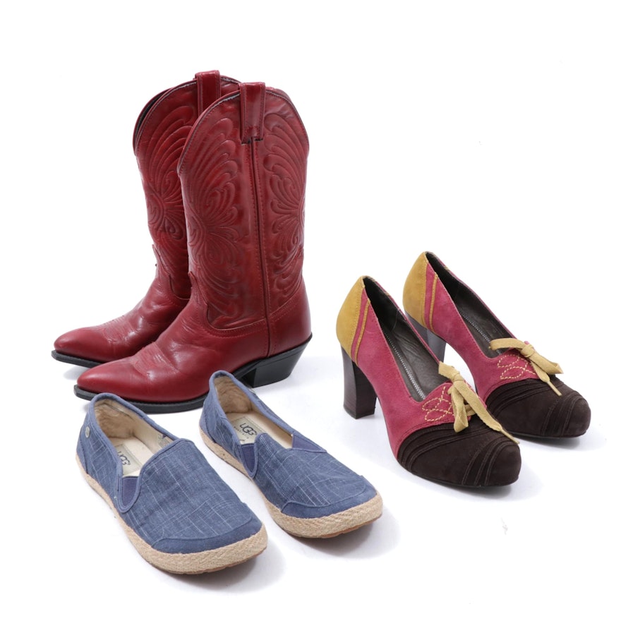 Laredo Red Leather Western Boots, Pilero Suede Block Heels and Ugg Slip-Ons