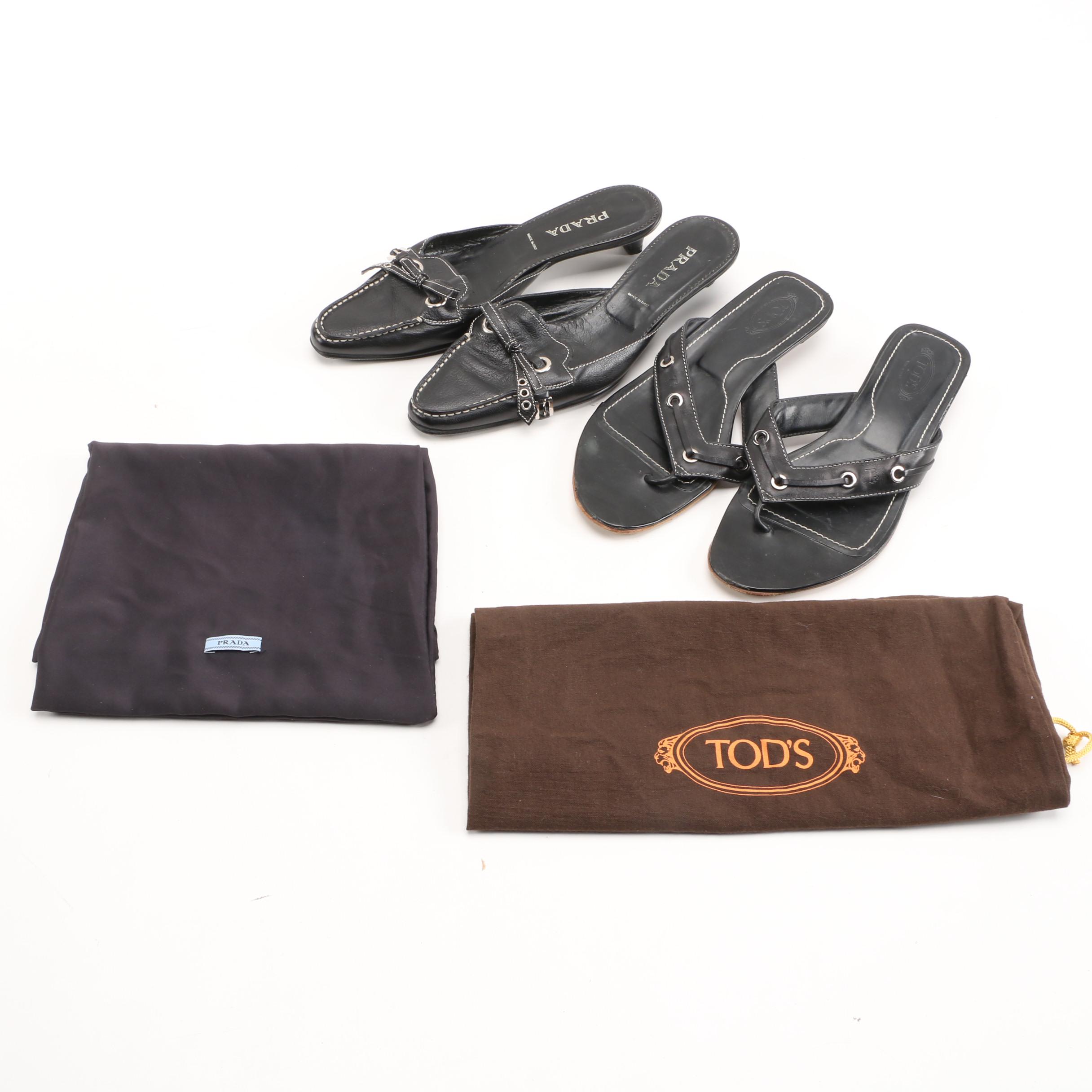 Prada Mules and Tod's Sandals in Black Leather with Contrast Stitching
