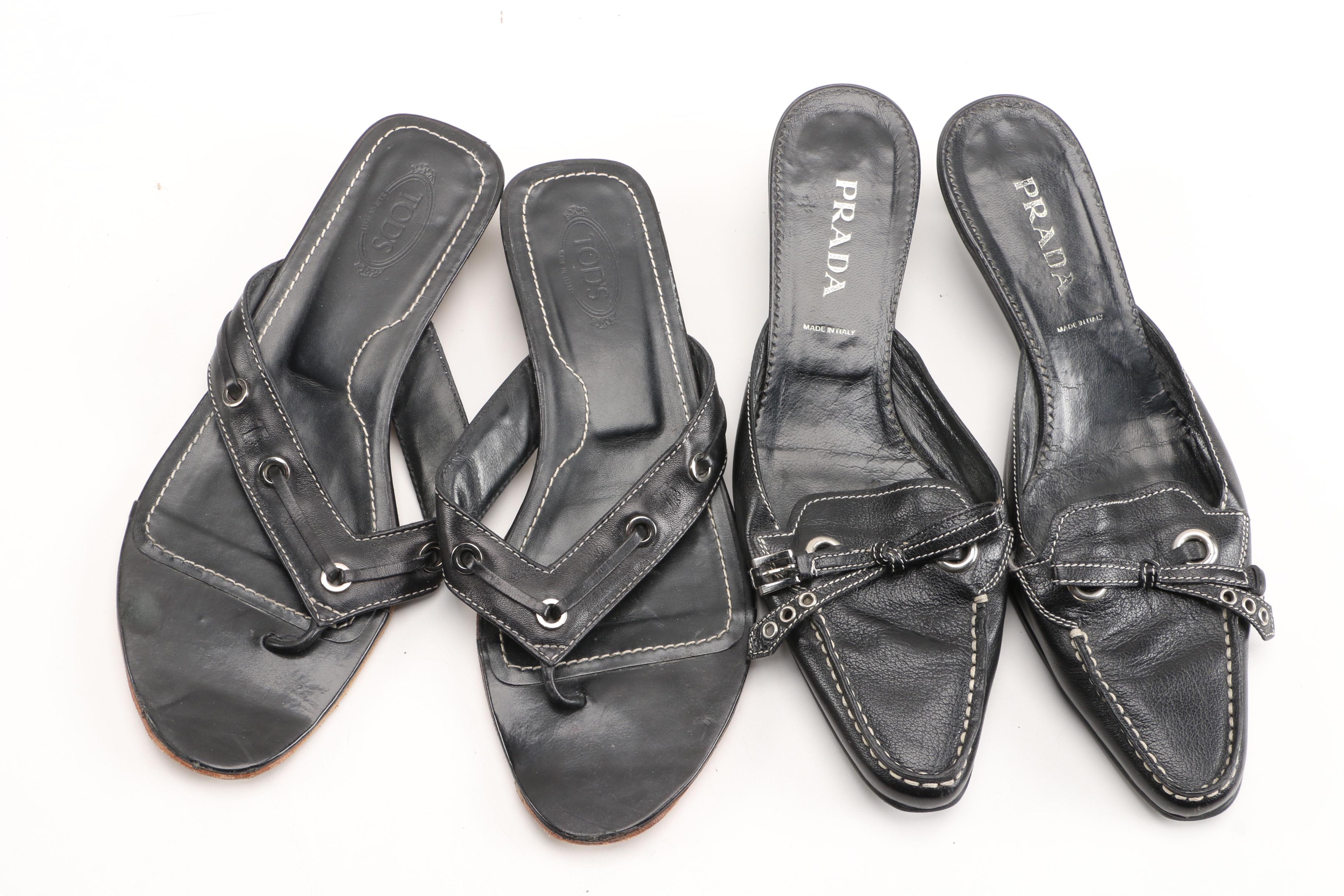 Prada Mules and Tod's Sandals in Black Leather with Contrast Stitching