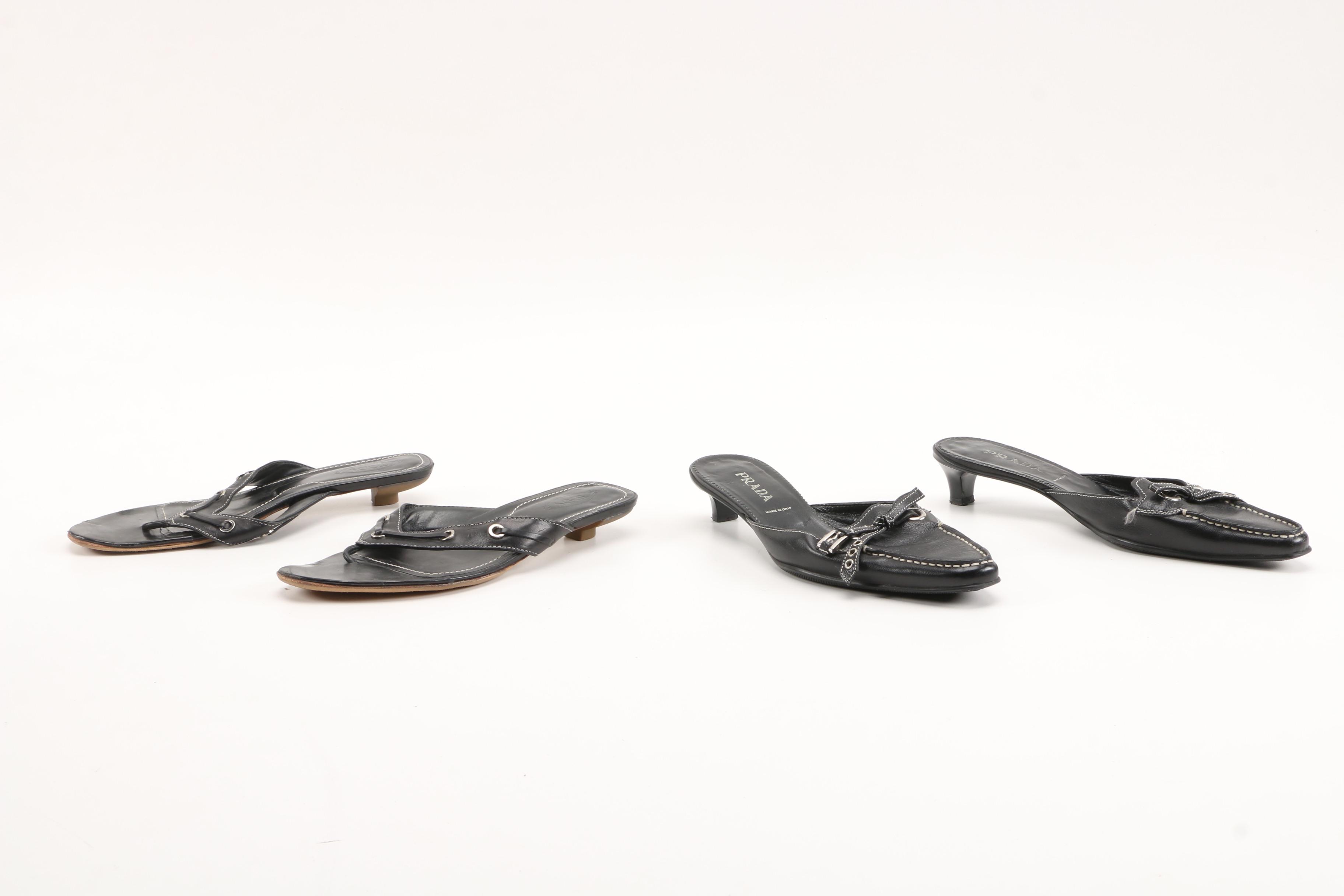 Prada Mules and Tod's Sandals in Black Leather with Contrast Stitching