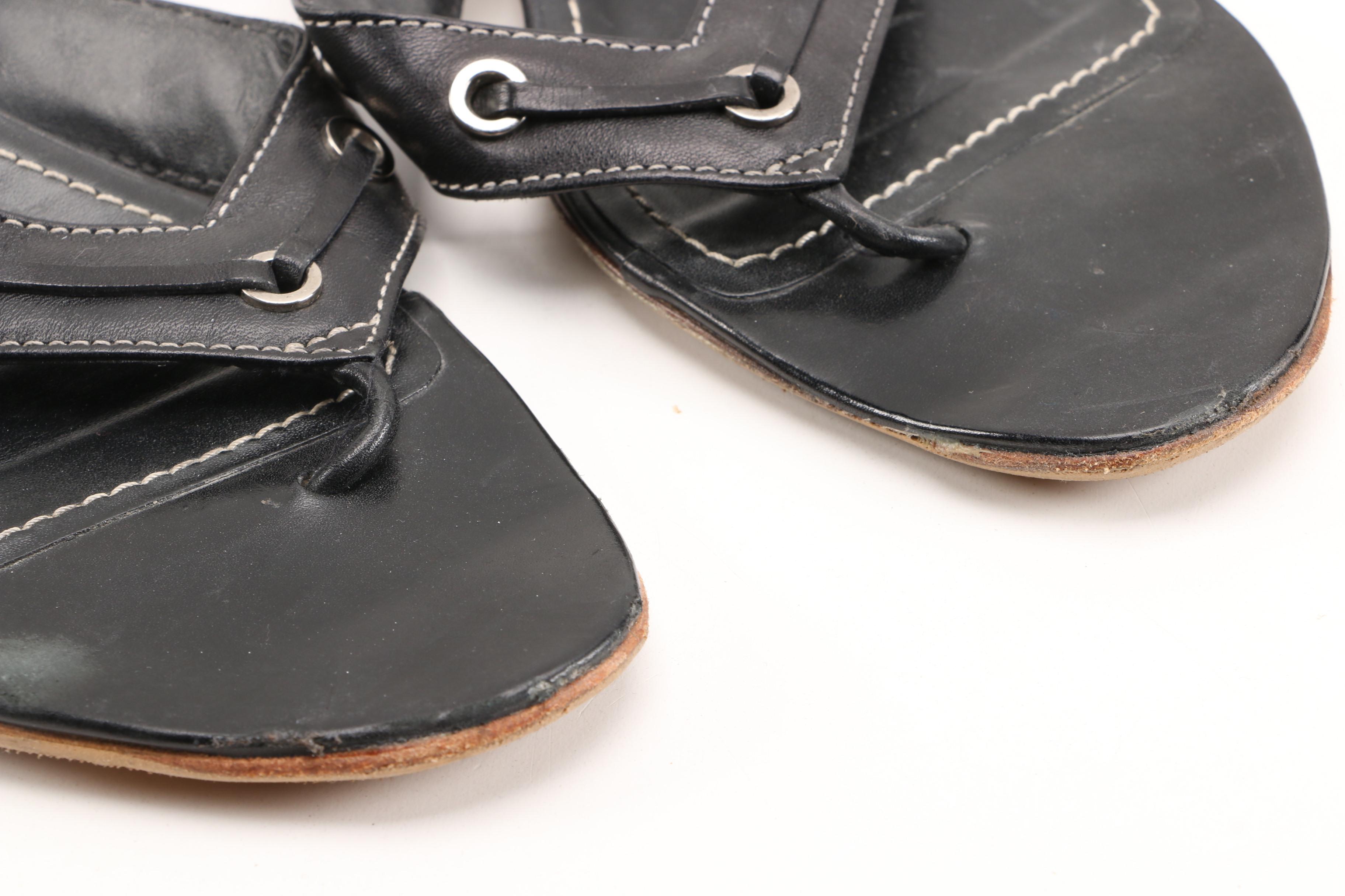 Prada Mules and Tod's Sandals in Black Leather with Contrast Stitching