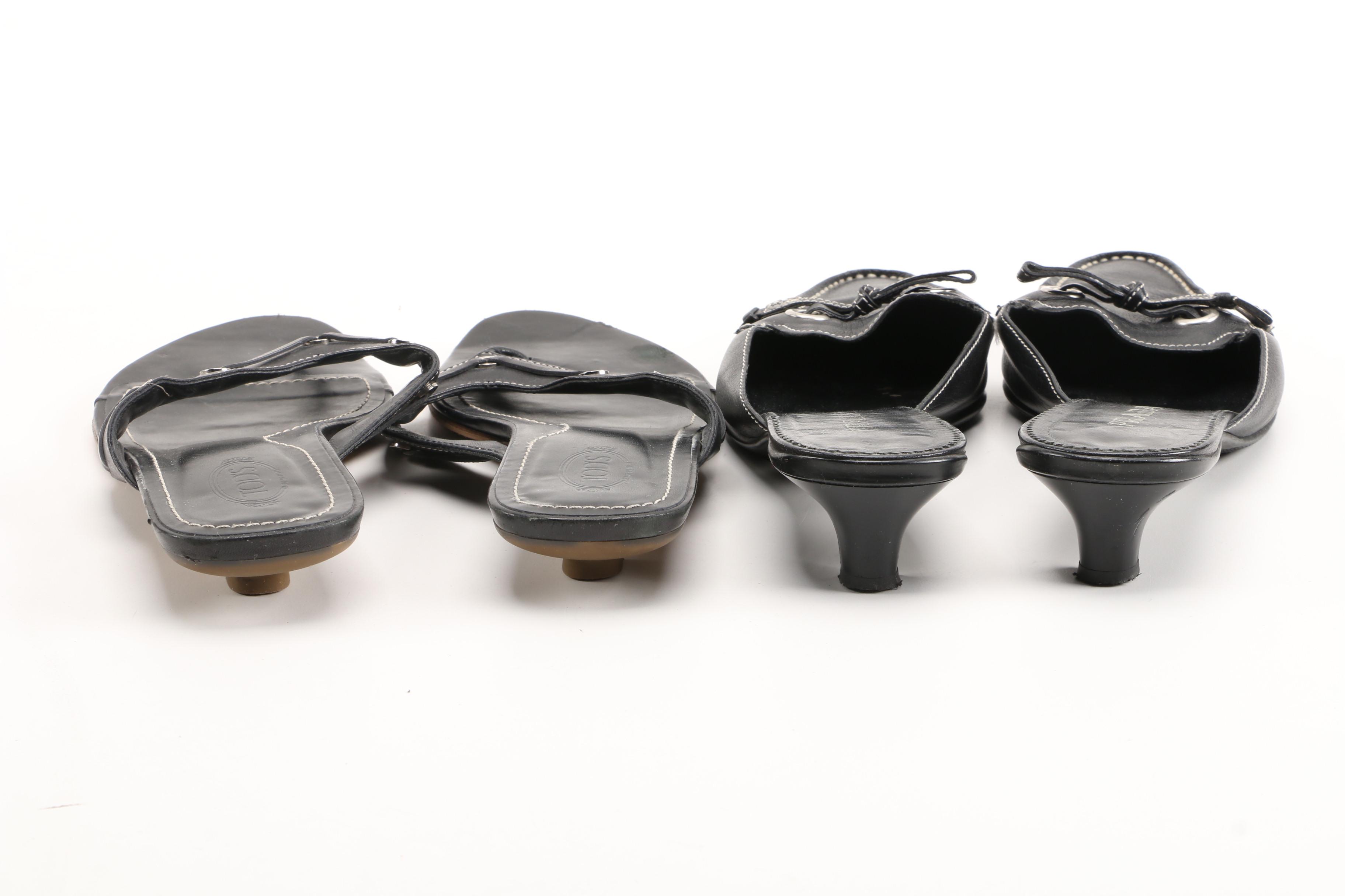 Prada Mules and Tod's Sandals in Black Leather with Contrast Stitching