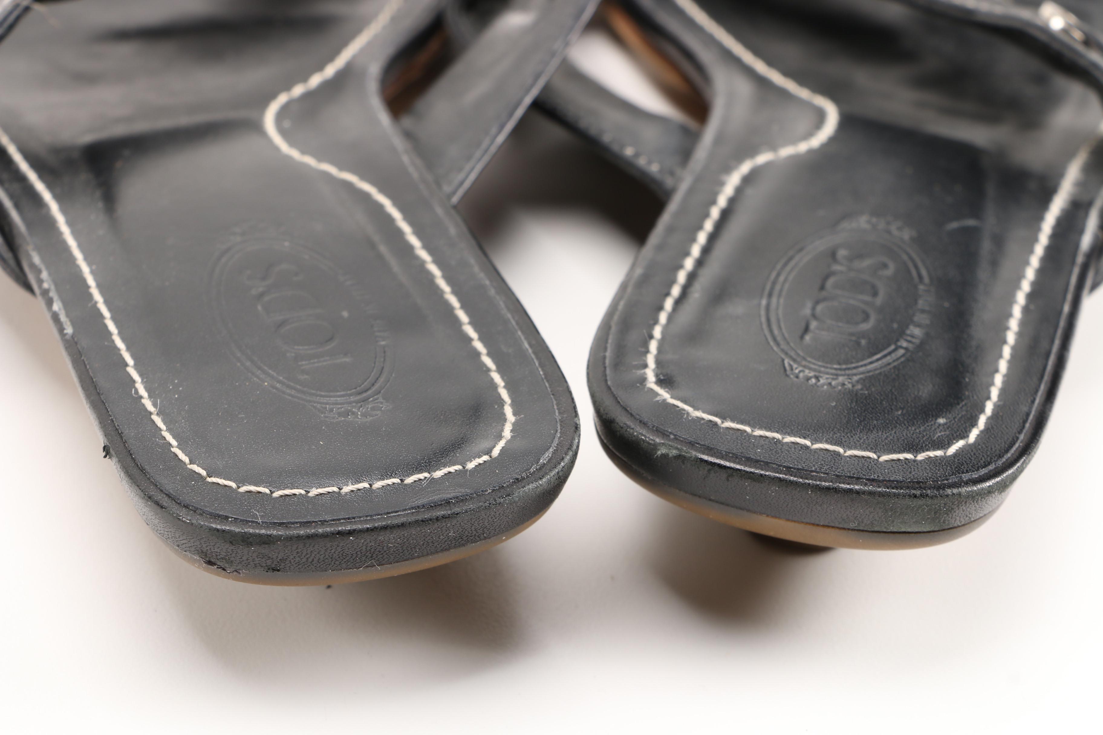 Prada Mules and Tod's Sandals in Black Leather with Contrast Stitching