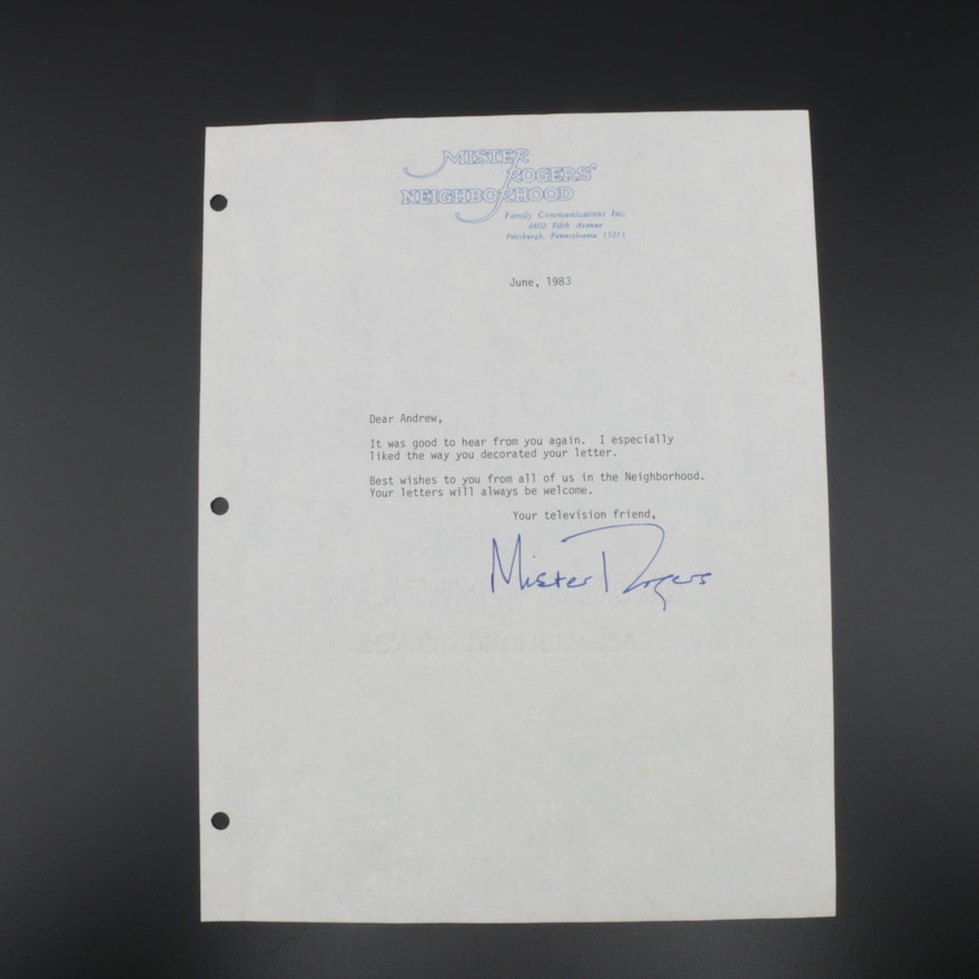 Signed Mr. Rogers Letter on "Mister Rogers' Neighborhood" Letterhead, 1983