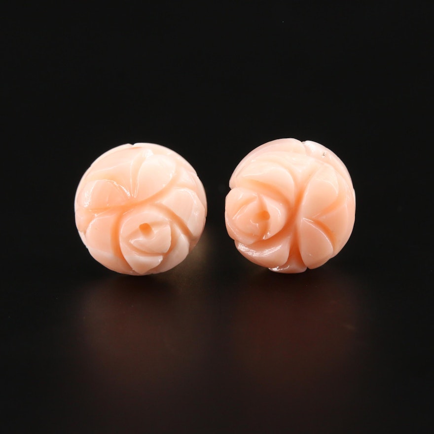 14K Yellow Gold Carved Coral Flower Stud Earrings