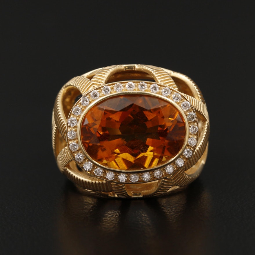 18K Yellow Gold Citrine and Diamond Ring