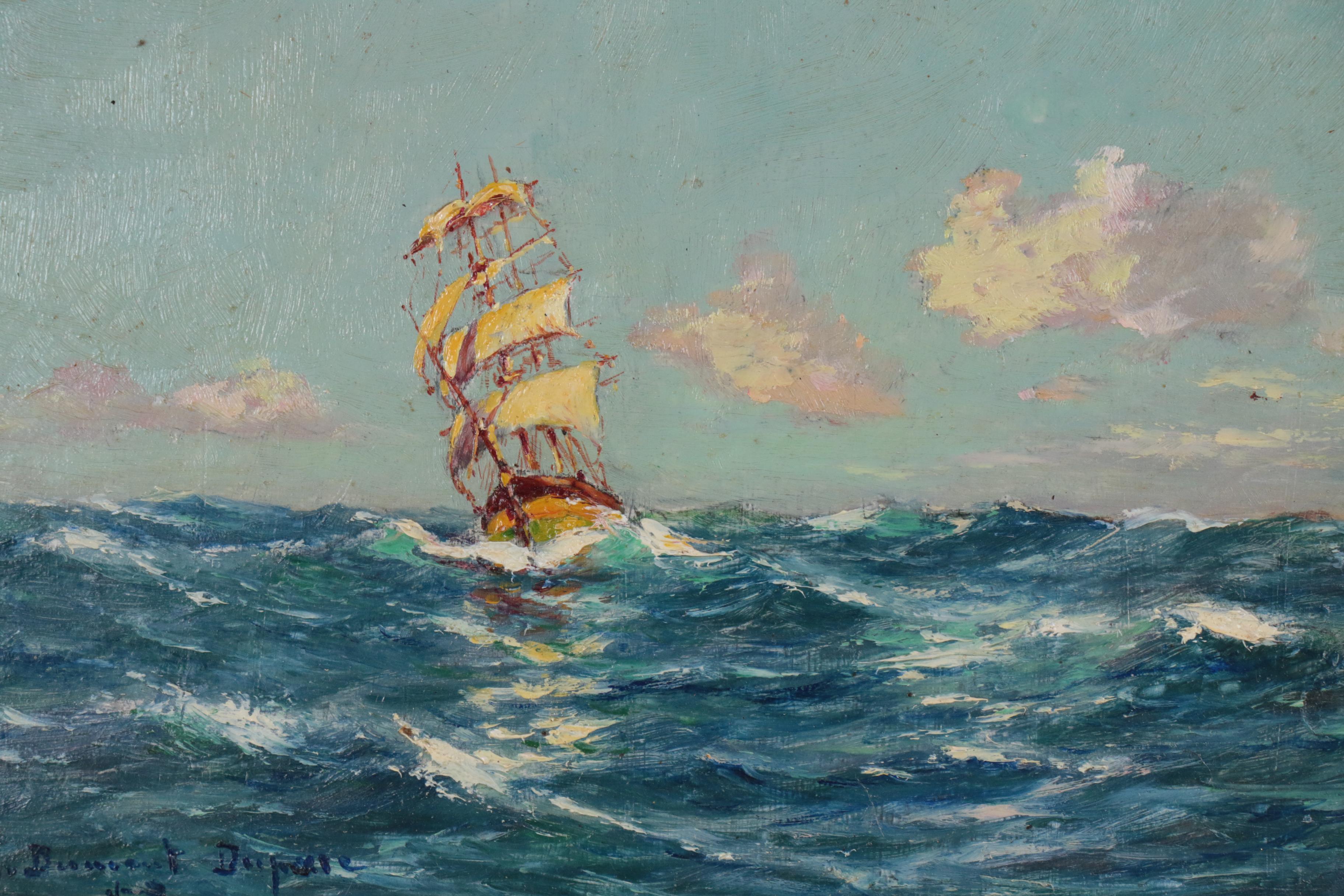 R. Dumont-Duparc Oil Painting "Sailing Vessel in Mediterranée by Mistral Wind"