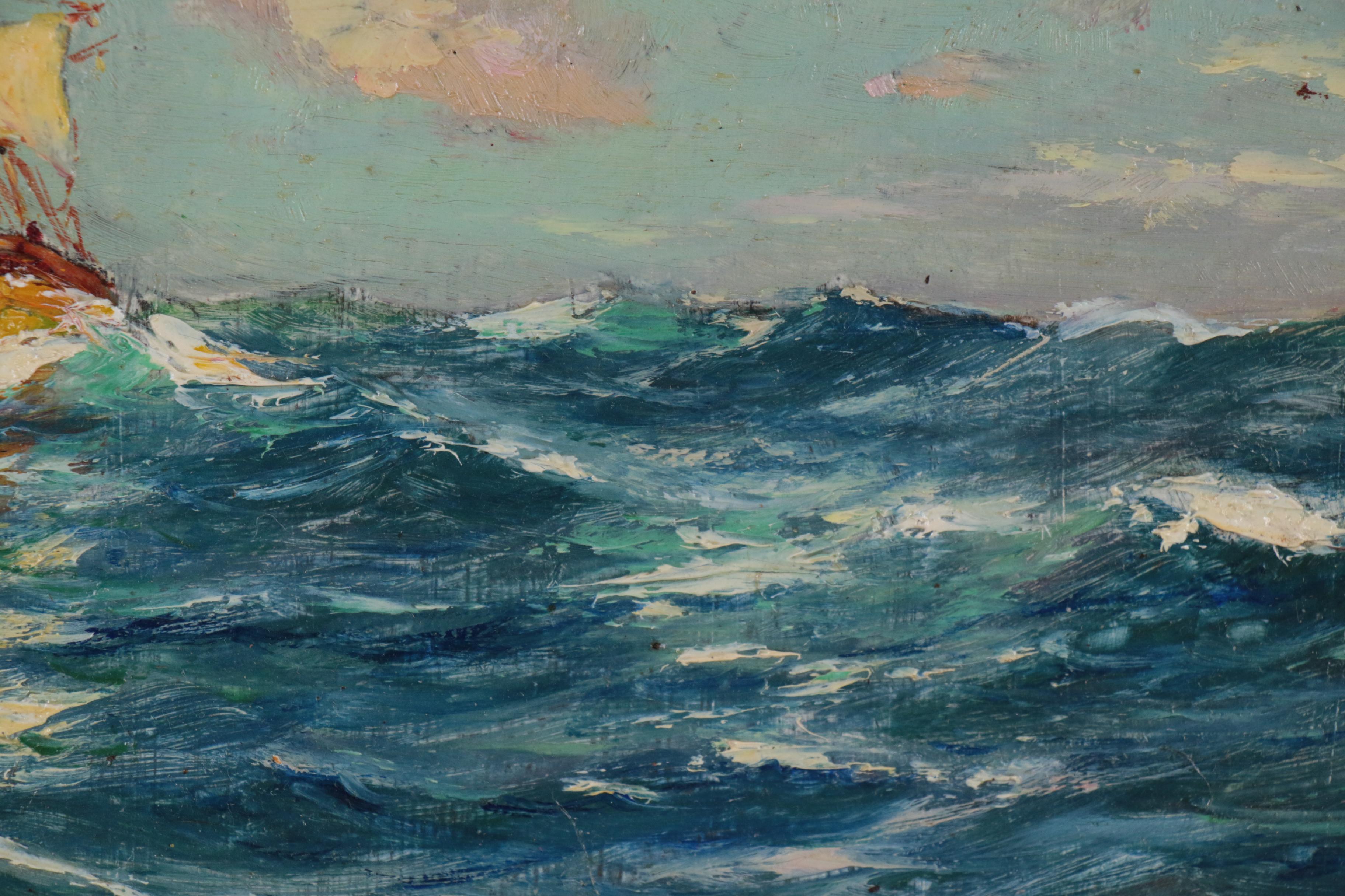 R. Dumont-Duparc Oil Painting "Sailing Vessel in Mediterranée by Mistral Wind"