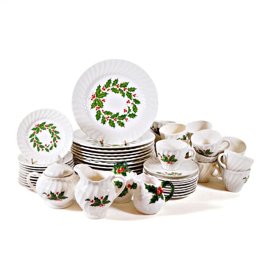 Scio Pottery Co. "Holly" Ironstone Dinnerware, Nine Place Settings, 53 Pieces