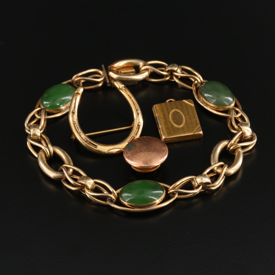 Vintage Gold Filled Jewelry Featuring Nephrite Bracelet