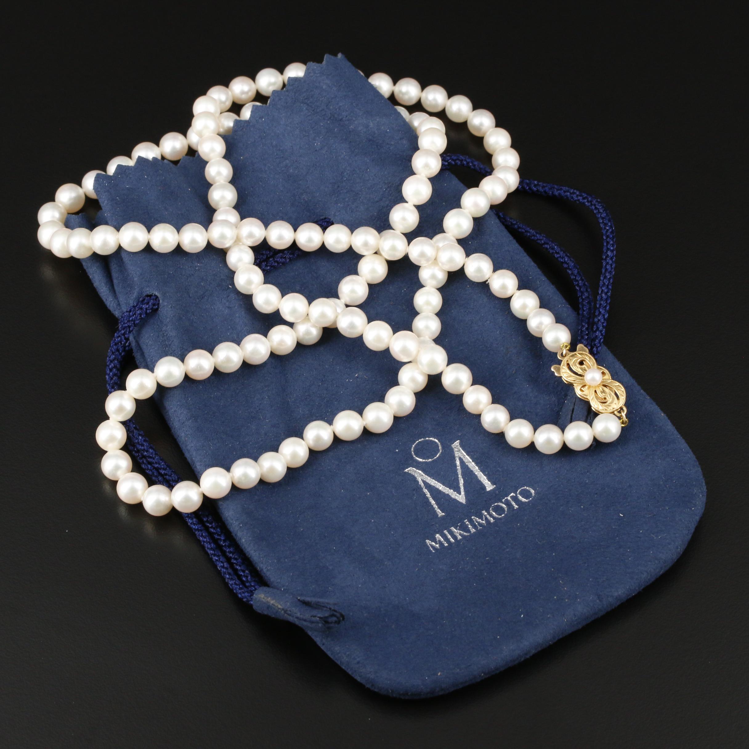 Mikimoto Cultured Pearl Necklace With 18K Yellow Gold Clasp