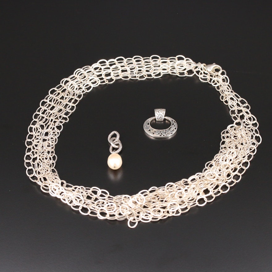 Sterling Cultured Pearl Drop and Hoop Pendants with Multi-Strand Chain Necklace