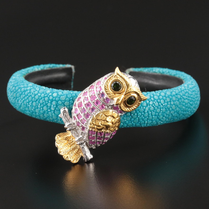 Sterling Silver Ruby and Diopside Owl Bracelet