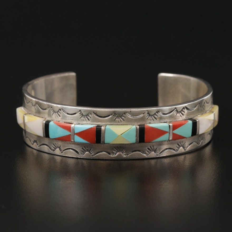 Southwestern Sterling Turquoise, Coral, Mother Of Pearl and Black Onyx Bracelet
