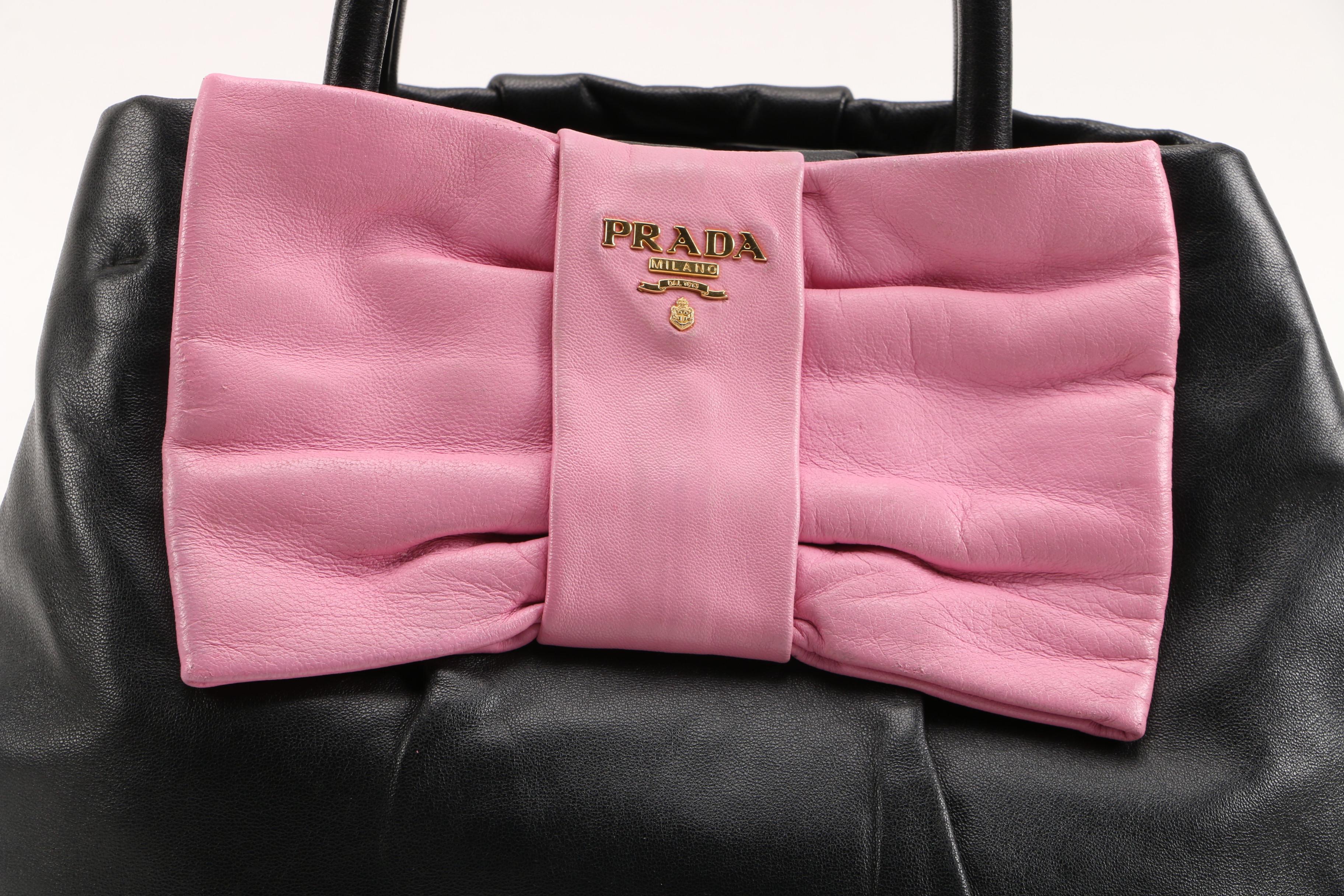 Prada Lambskin Leather Begonia Bow Handbag in Black with Pink Bow