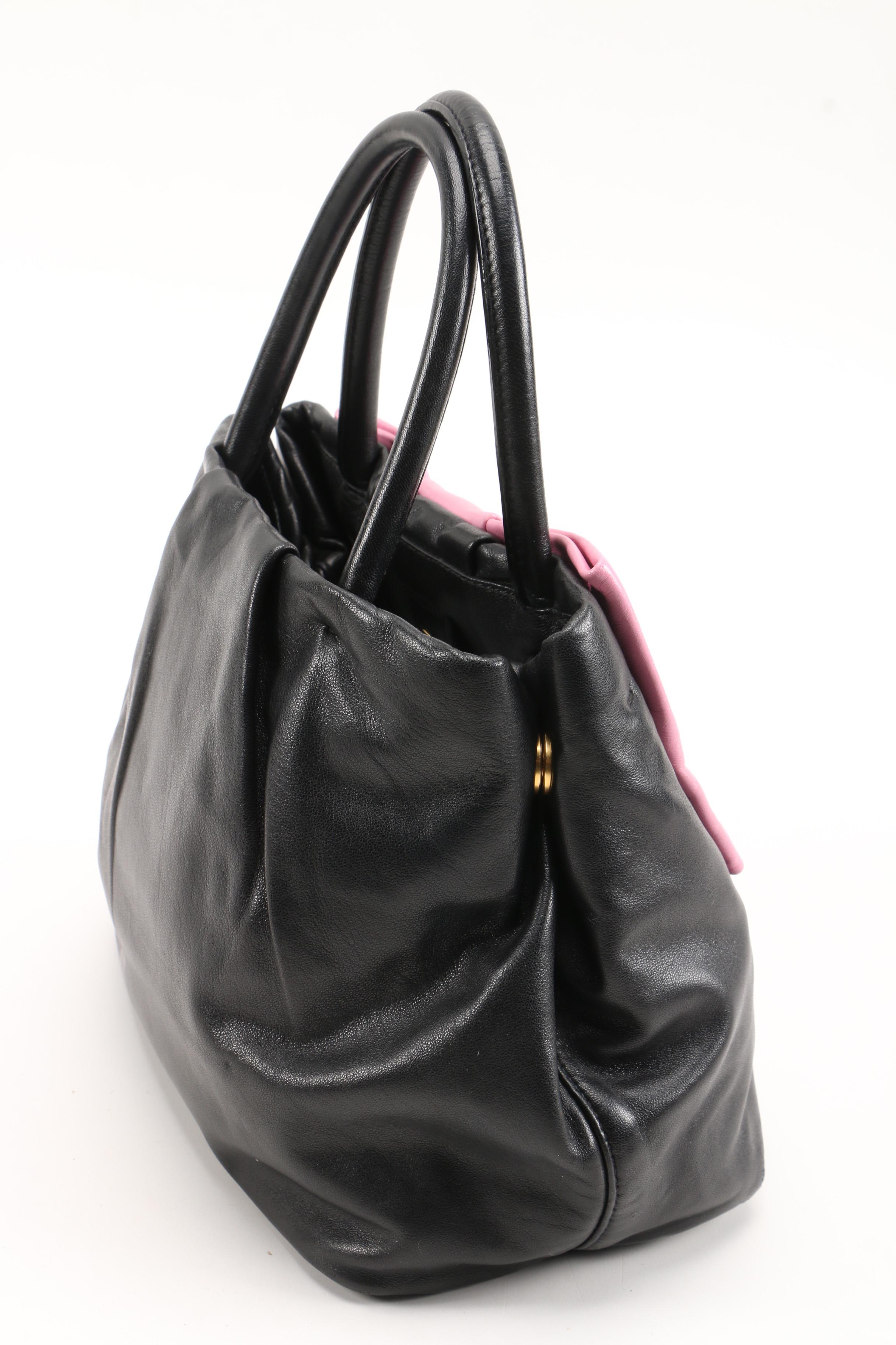 Prada Lambskin Leather Begonia Bow Handbag in Black with Pink Bow
