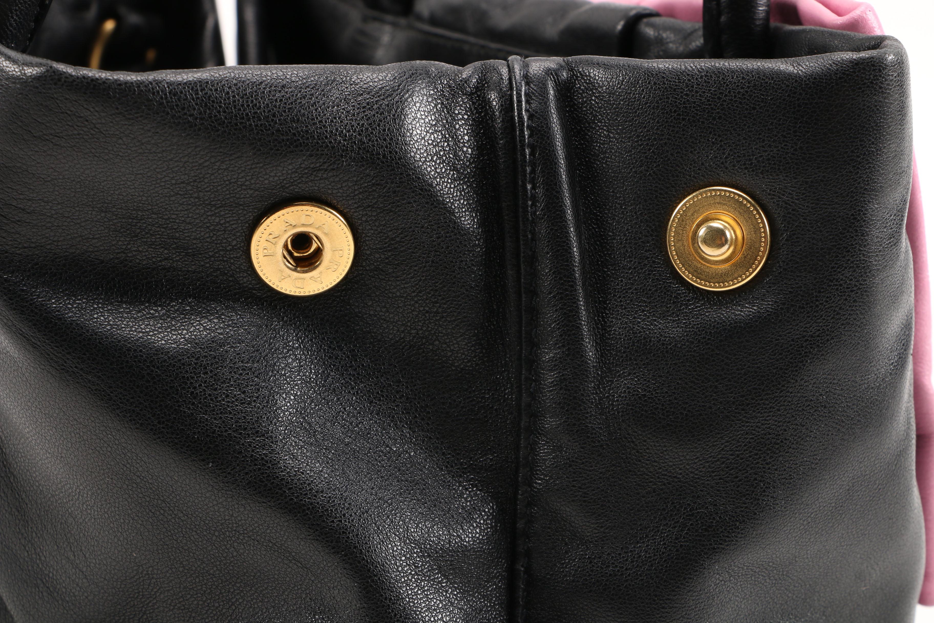 Prada Lambskin Leather Begonia Bow Handbag in Black with Pink Bow