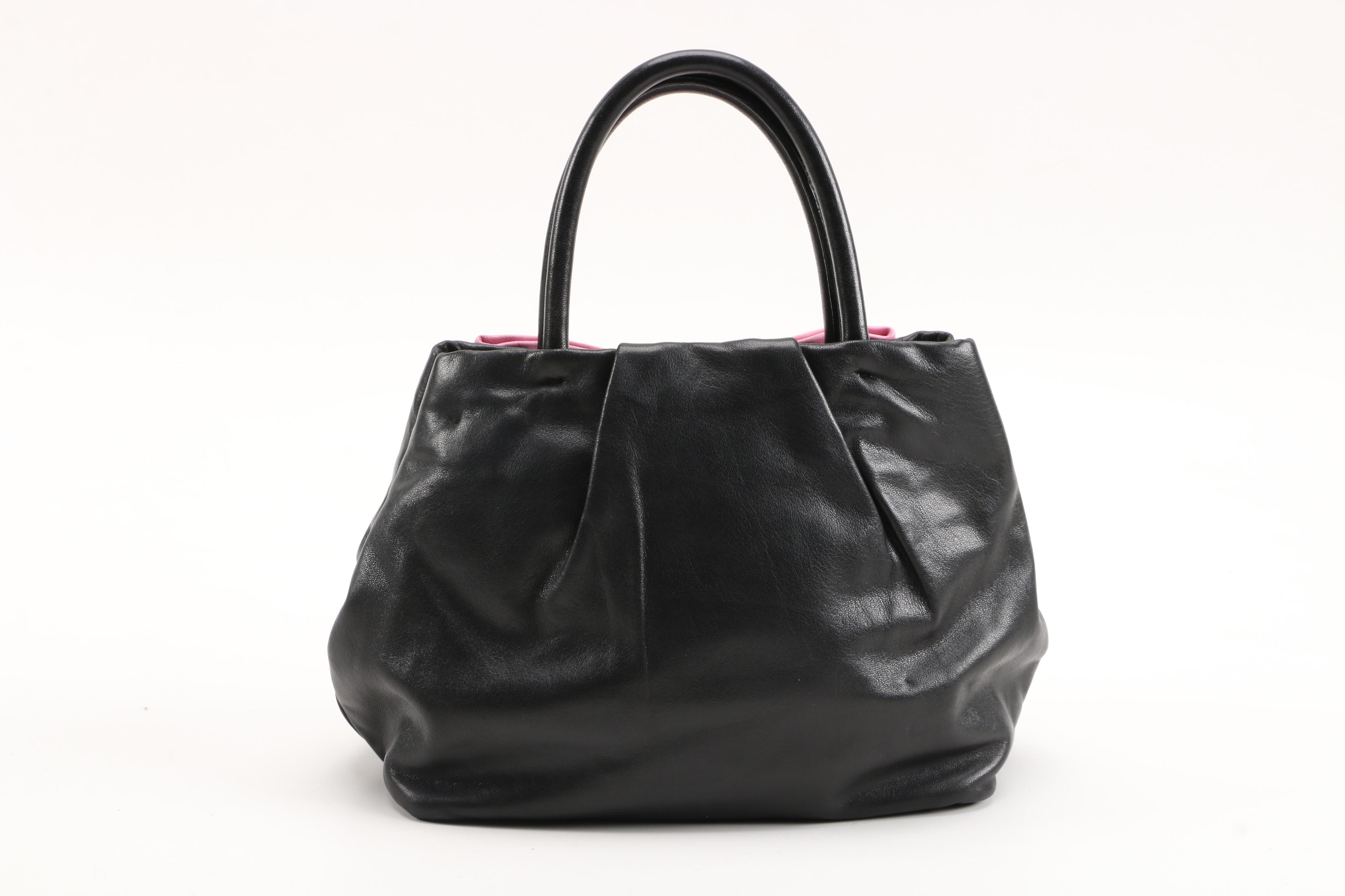 Prada Lambskin Leather Begonia Bow Handbag in Black with Pink Bow