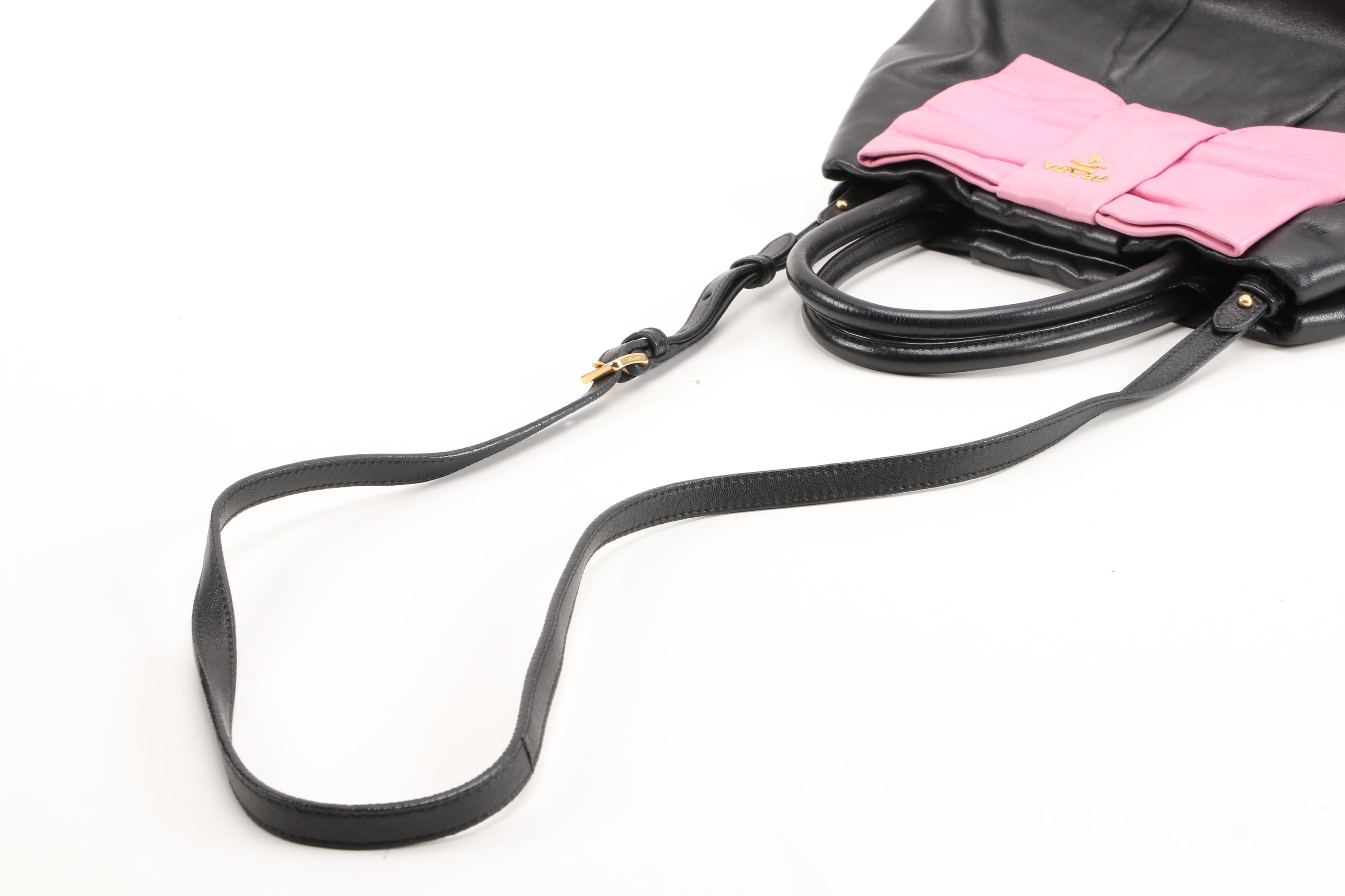 Prada Lambskin Leather Begonia Bow Handbag in Black with Pink Bow
