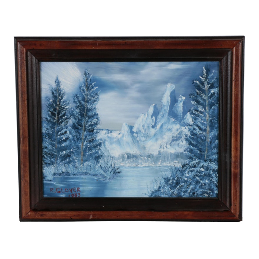 R. Glover Winter Landscape Oil Painting, 1983