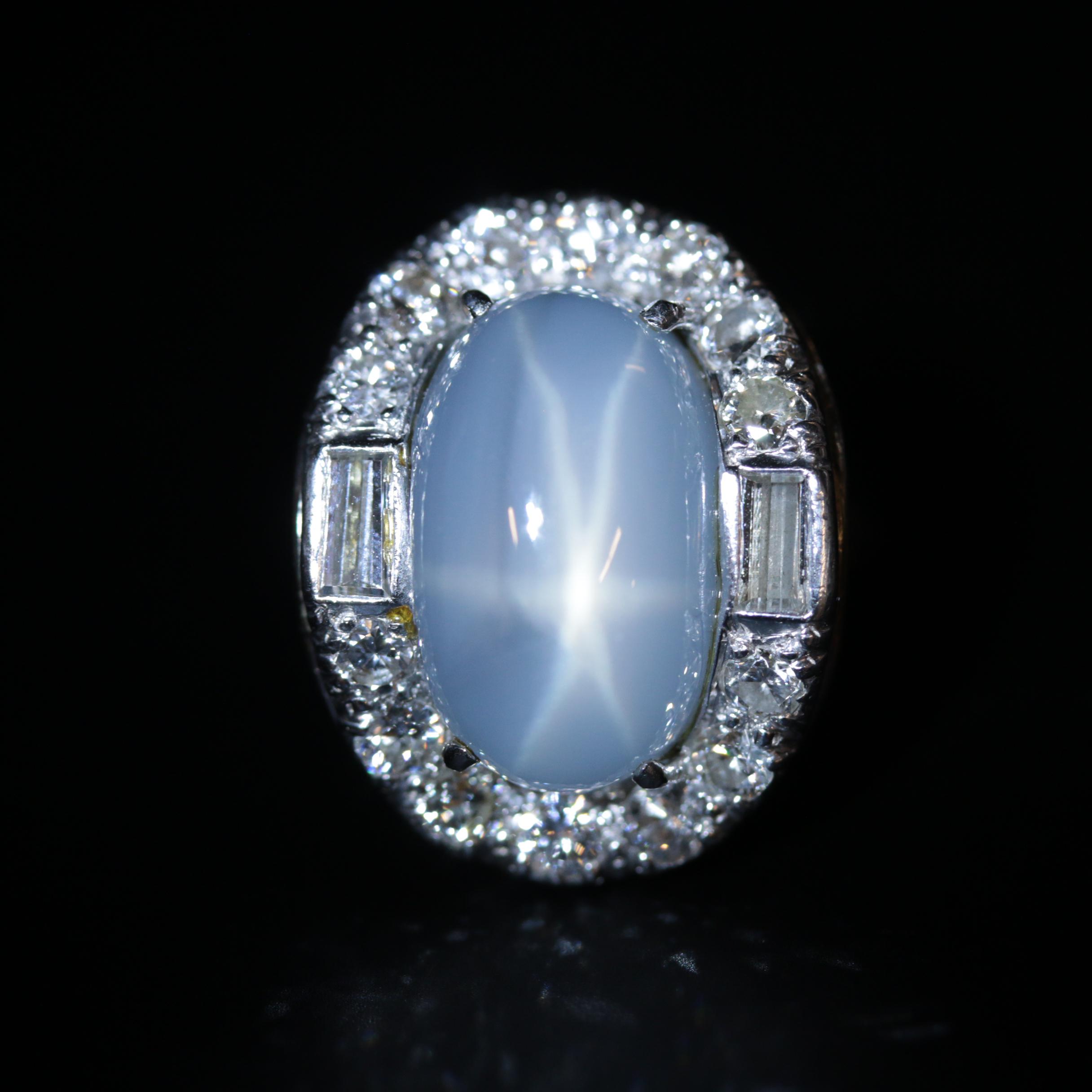 Vintage Palladium 22.67 CT Star Sapphire and 1.26 CTW Diamond Ring