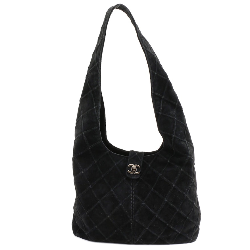 Chanel Quilted Black Suede Hobo Bag with CC Turnlock