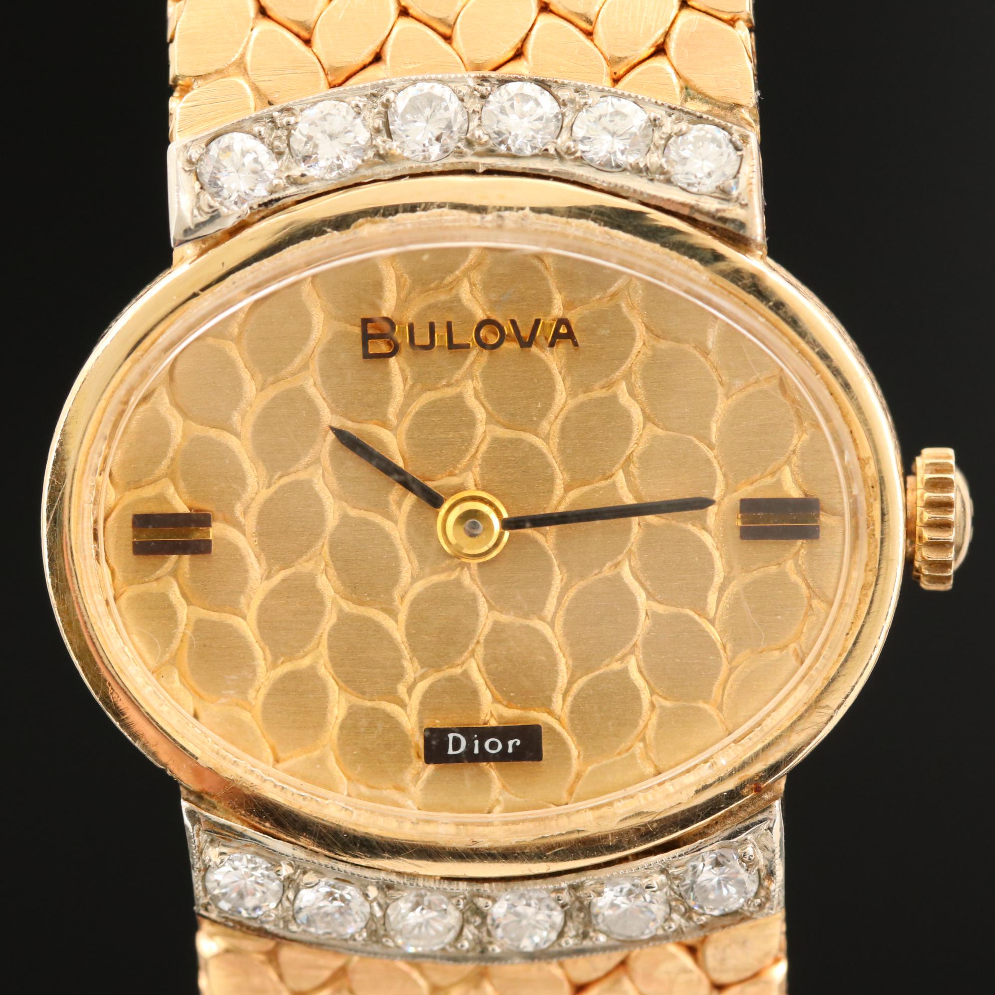 Bulova for Christian Dior 14K Yellow Gold and Diamond Stem Wind Watch