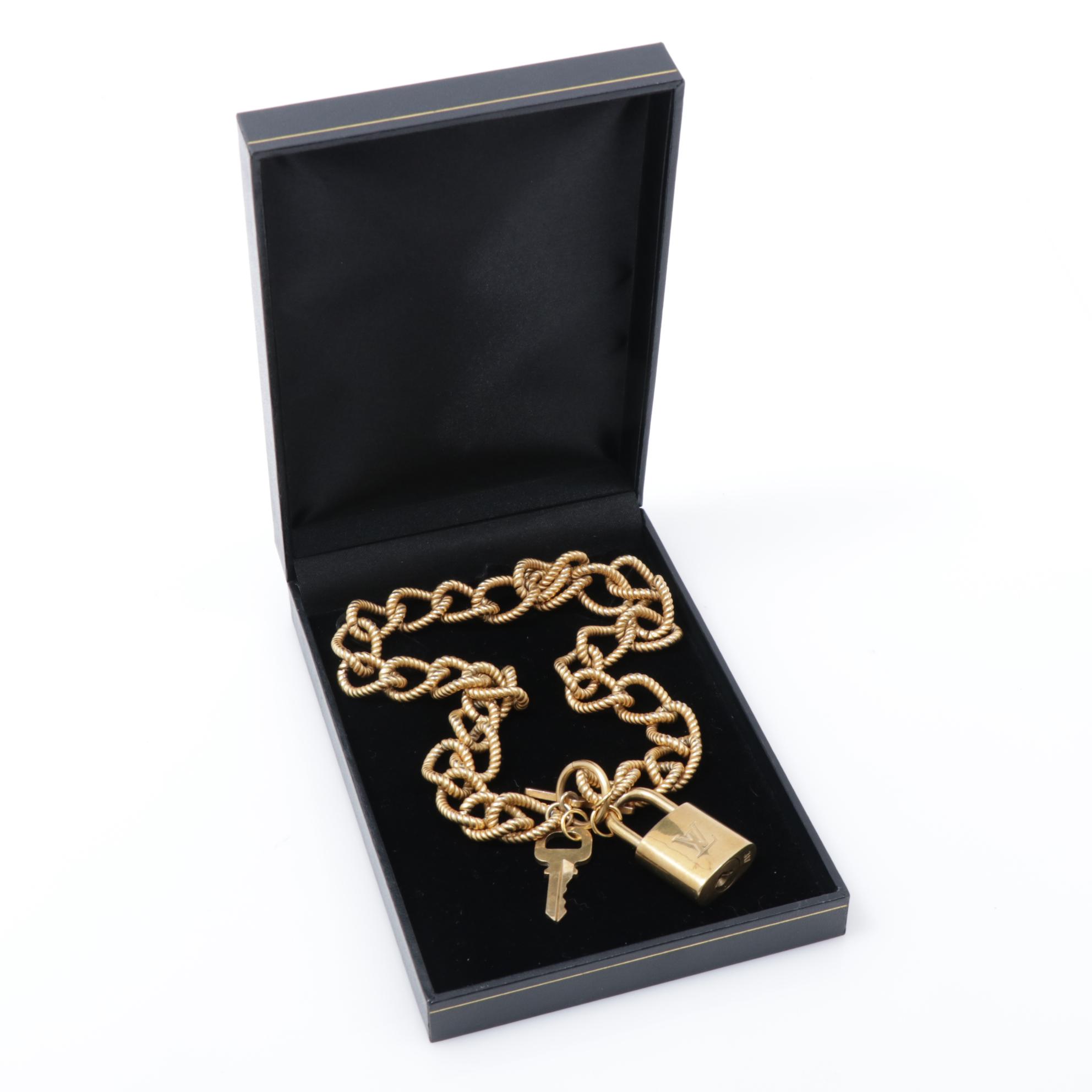 Louis Vuitton Brass Lock and Key on Chain Necklace