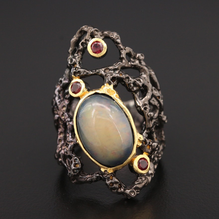 Sterling Silver Opal and Garnet Biomorphic Motif Ring