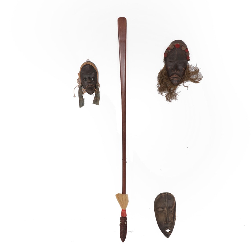 West African Dan Style Masks and Maori Inlaid Spear