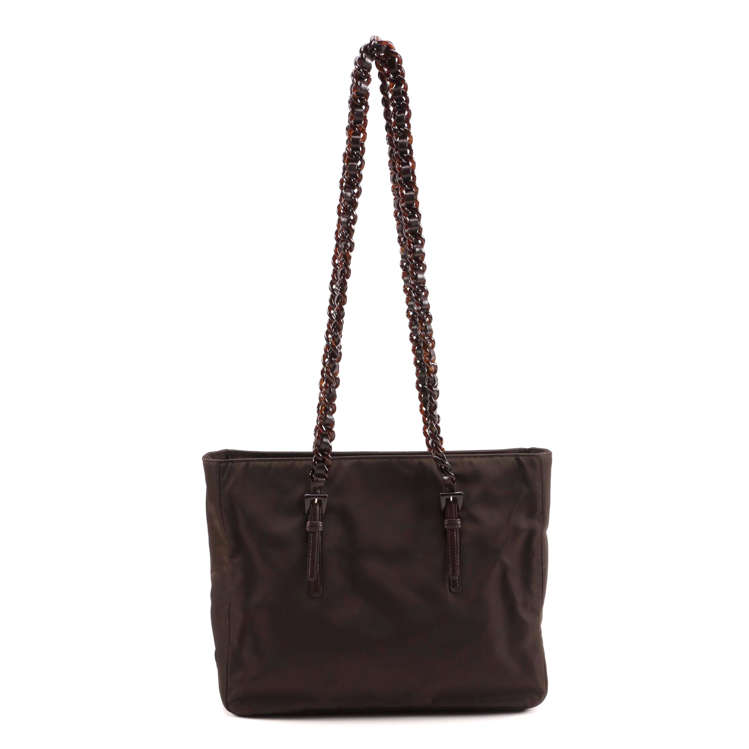 Prada Tessuto Bacheli Ebano Tote with Interwoven Tortoise Acrylic Straps