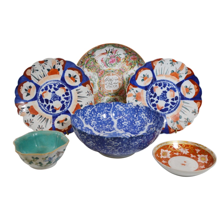 Turkish Rose Medallion Shallow Porcelain Bowl and Other Asian Bowls, Antique