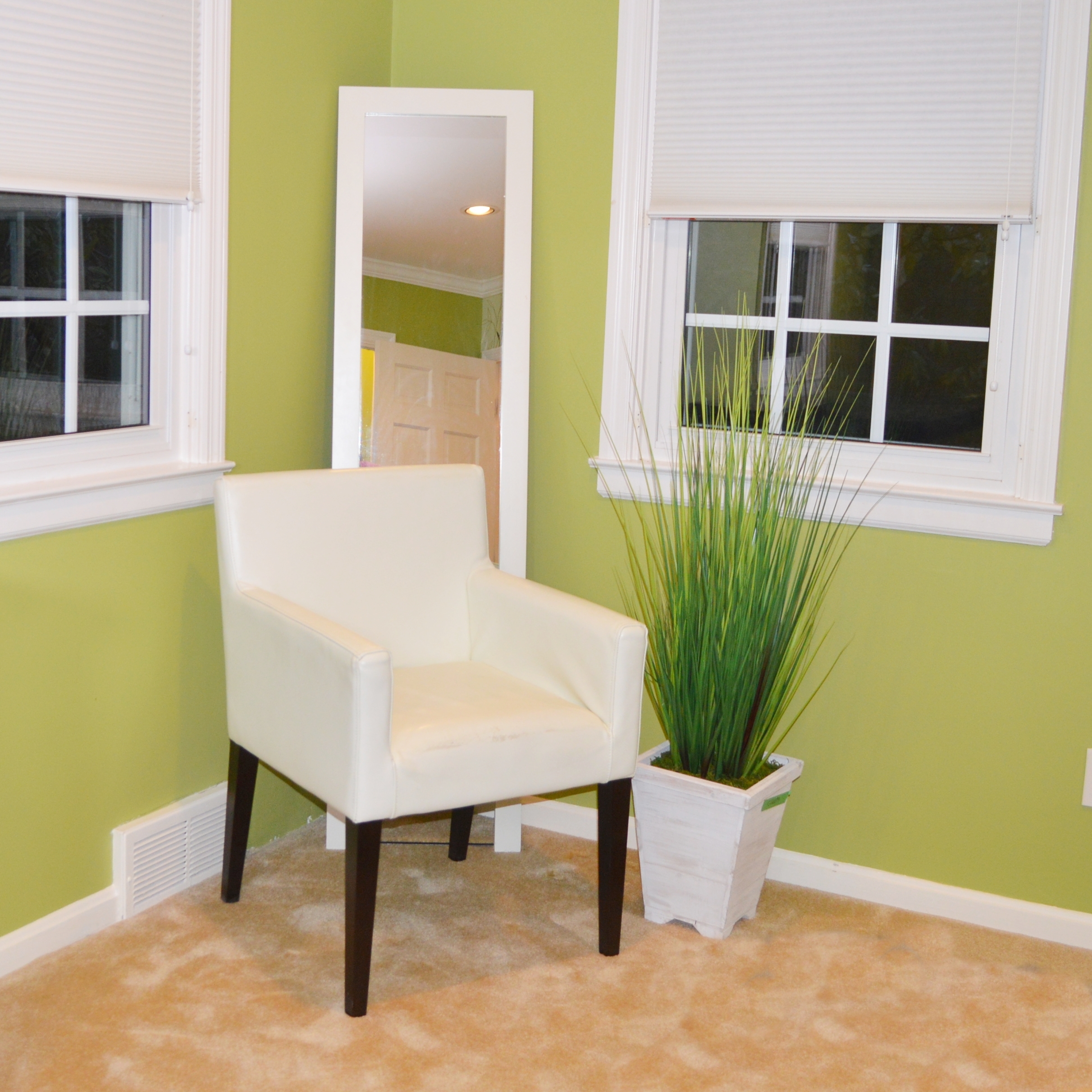 Contemporary West Elm Vinyl Armchair with Floor Mirror and Faux Plant Decor