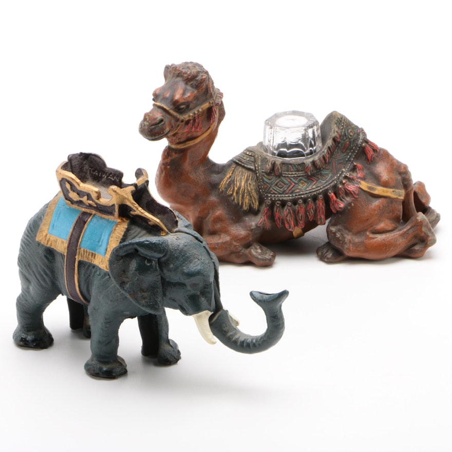 Painted Metal Camel Inkwell and Elephant Mechanical Bank