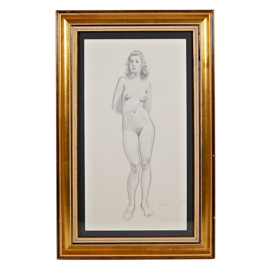 Paul Ashbrook Pencil Drawing "Nude Standing", 1942