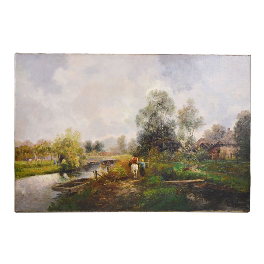 E. Binkmini Landscape Oil Painting of Homestead at Stream, 19th Century